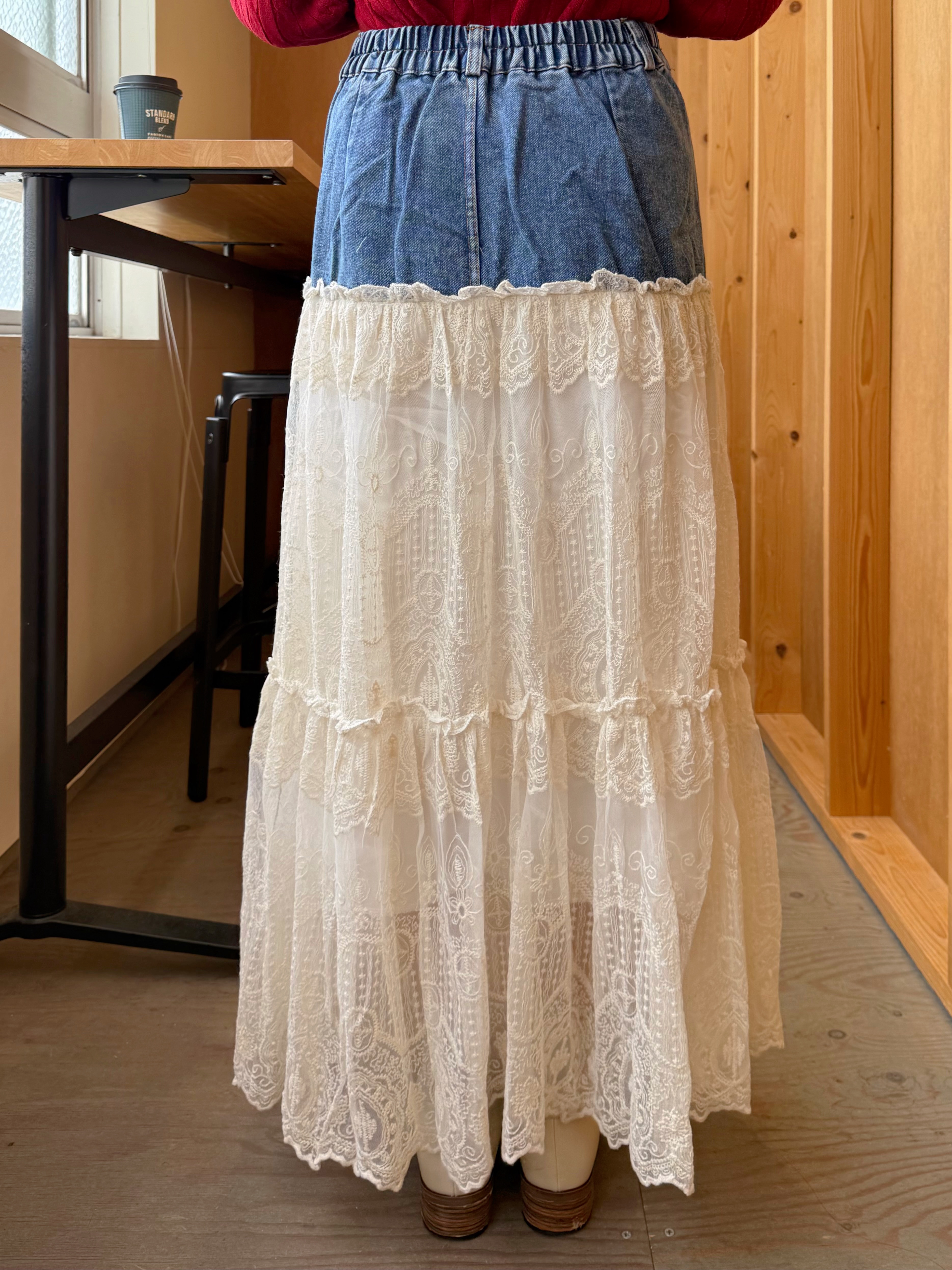 牛仔拼蕾絲A line半身裙