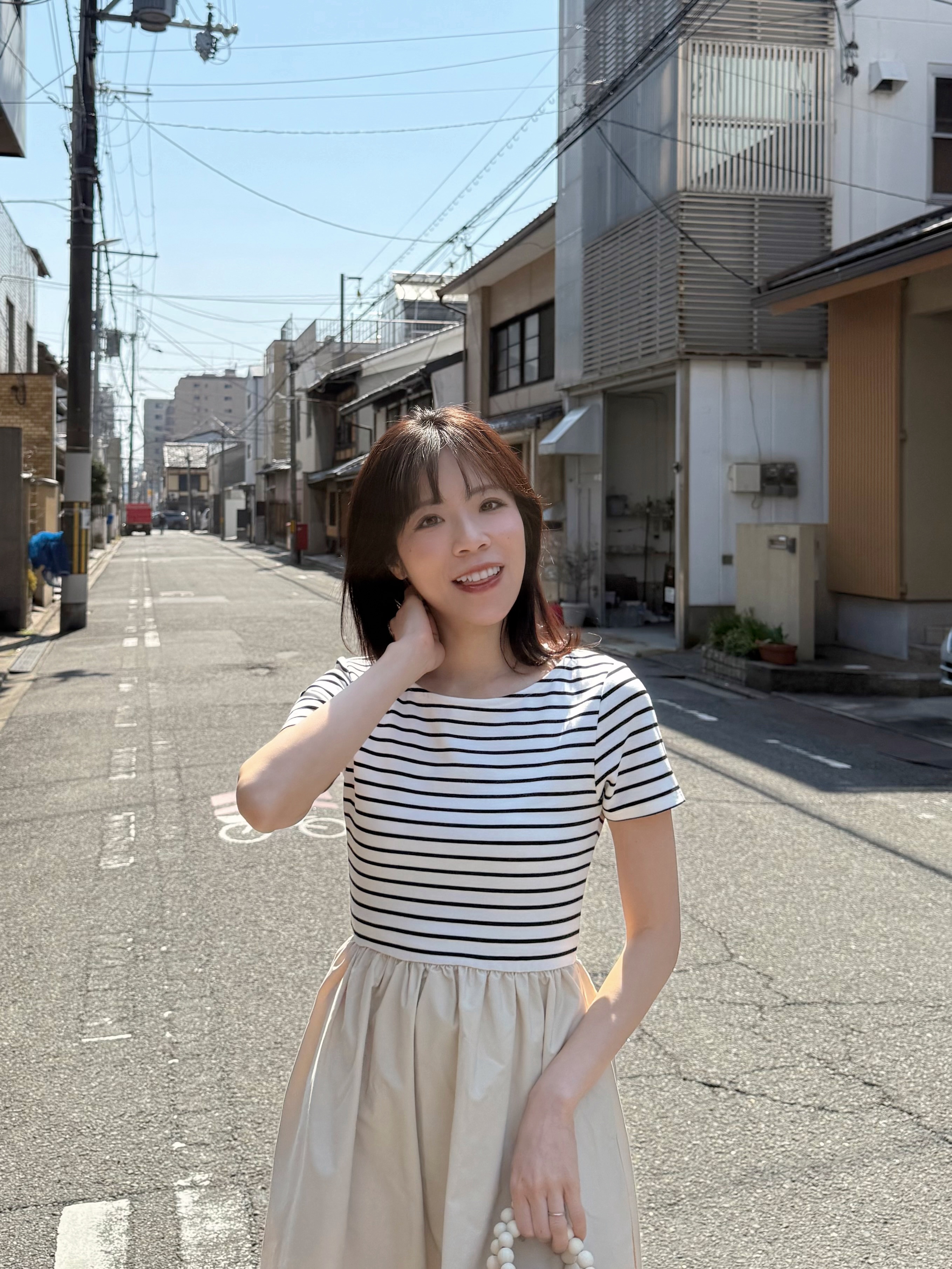 間條拼色修腰A line連身裙