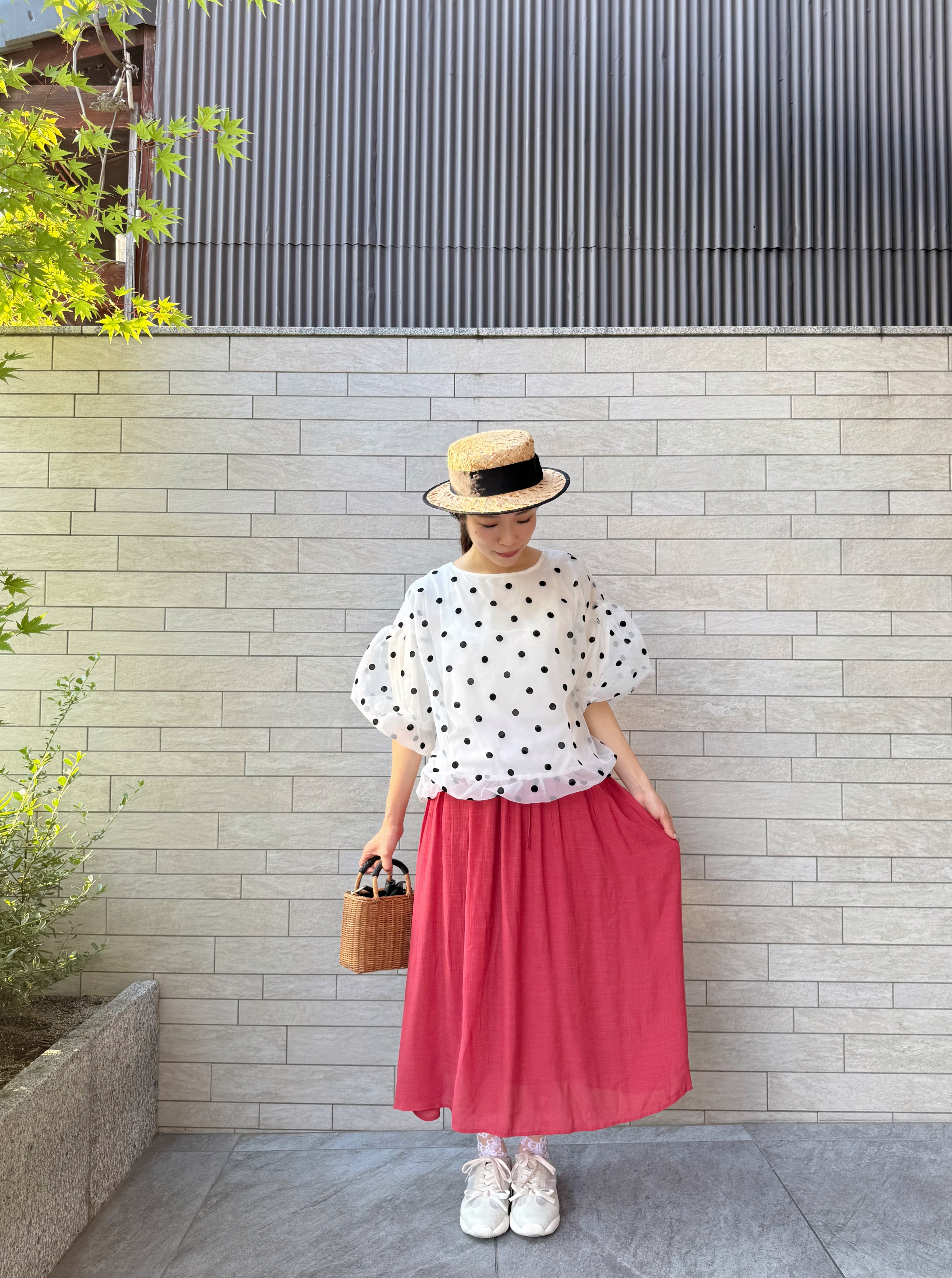 泡泡袖波點雪紡上衣