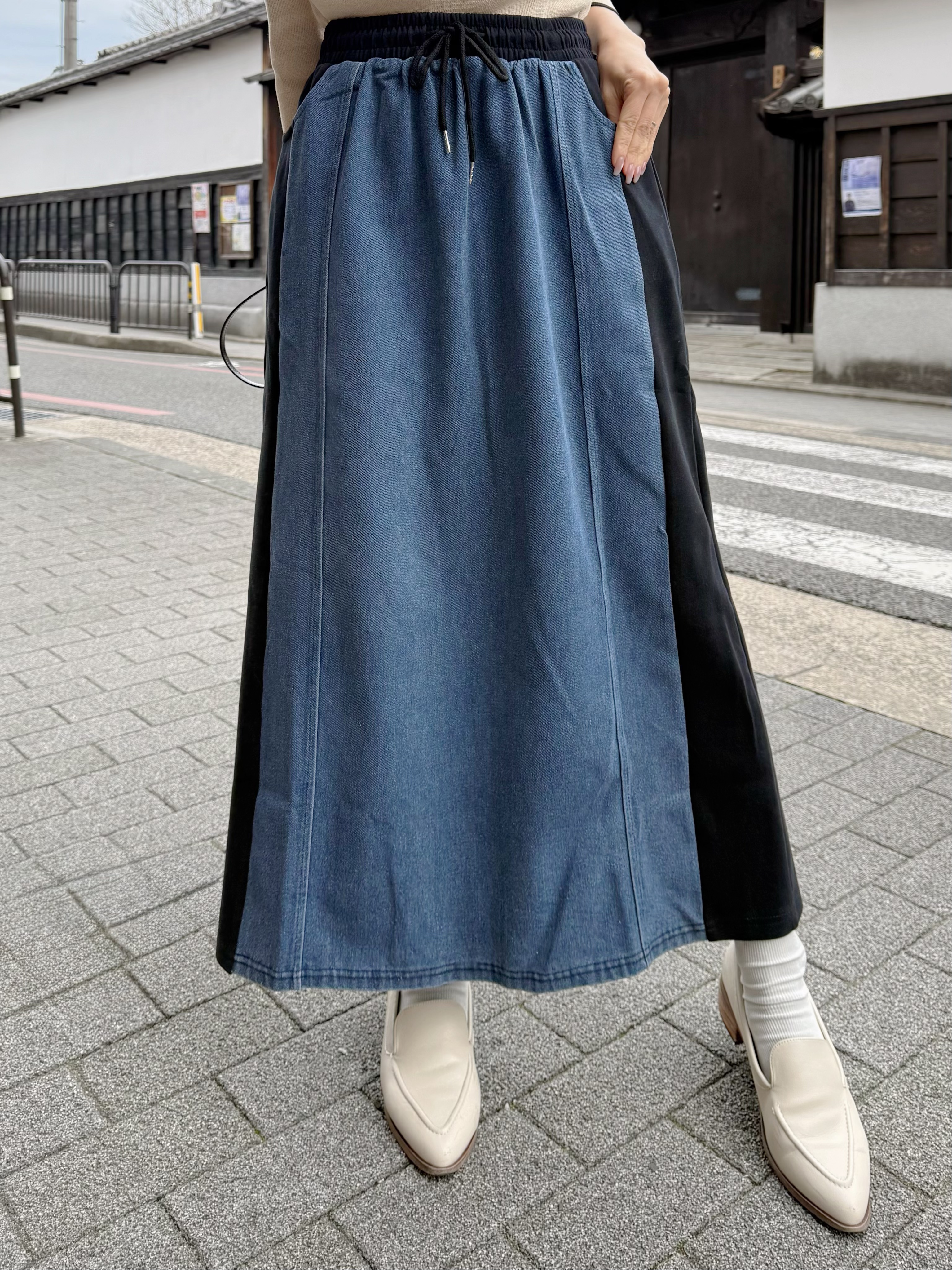 拼色橡筋腰有袋牛仔裙