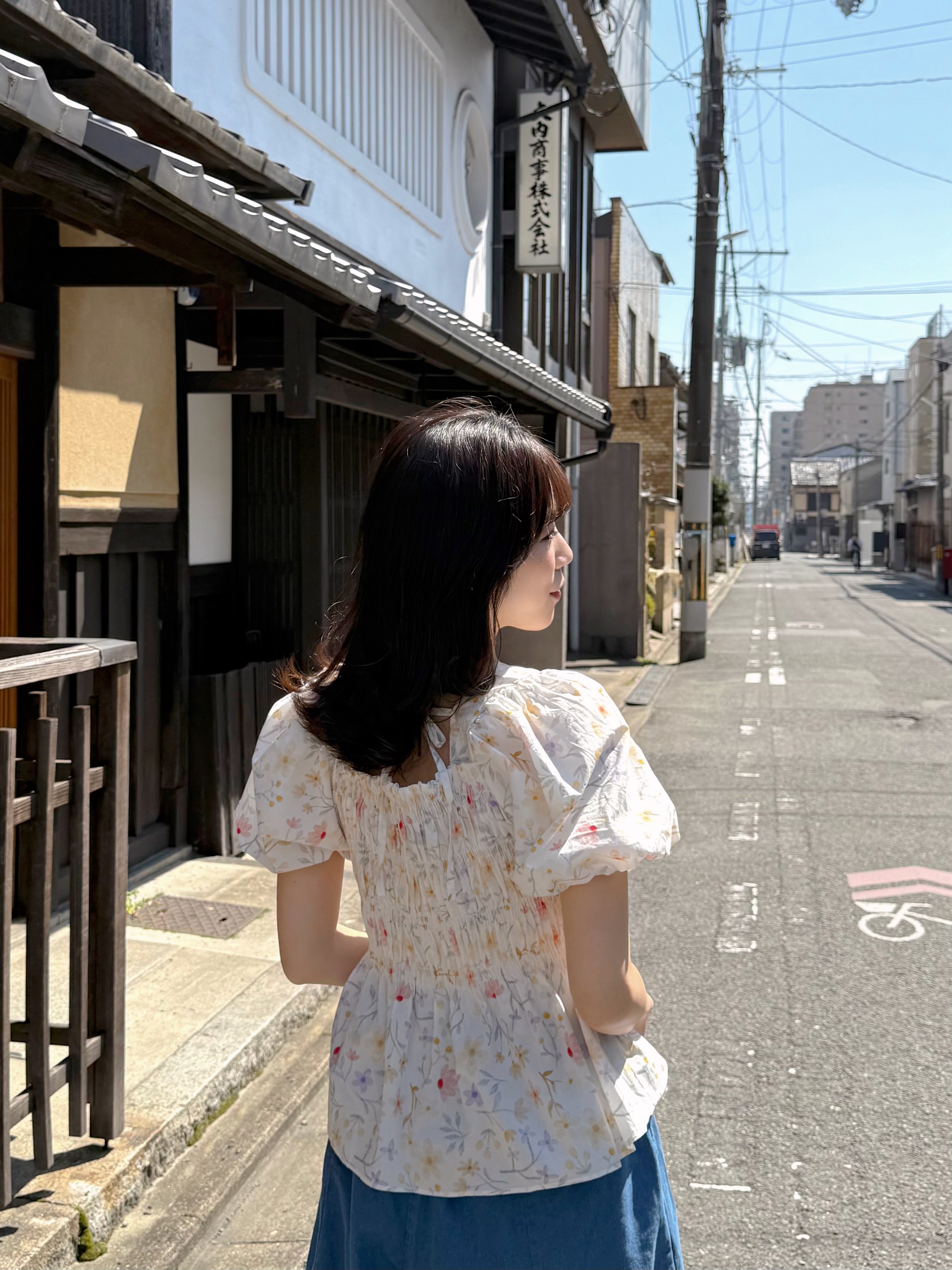 暖色系花柄方領摺摺全綿上衣