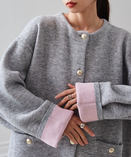 拼色金扣中長款針織外套