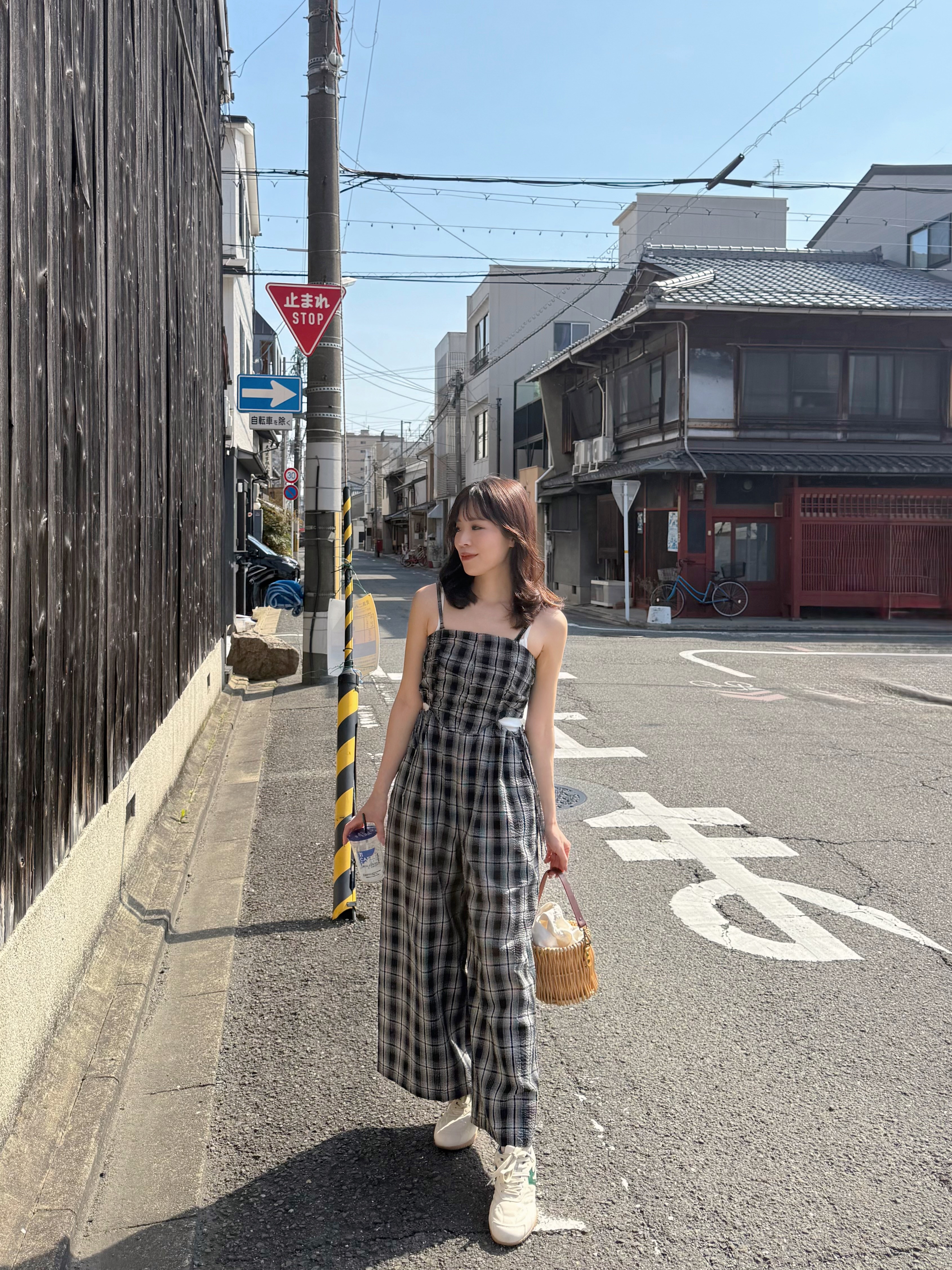 黑白格吊帶連身褲 + 髮圈套裝