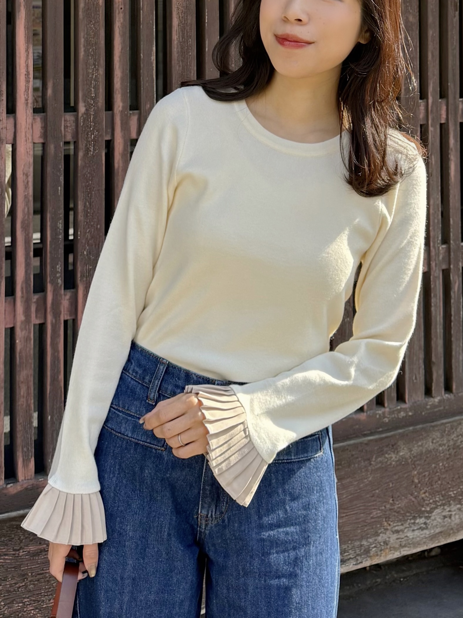 3色•拼色百褶袖口針織上衣