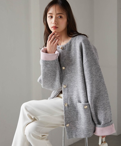 拼色金扣中長款針織外套