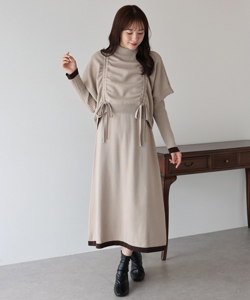 11色・M-LONG・側邊綁帶斗篷背心+螺紋針織長洋裝套裝