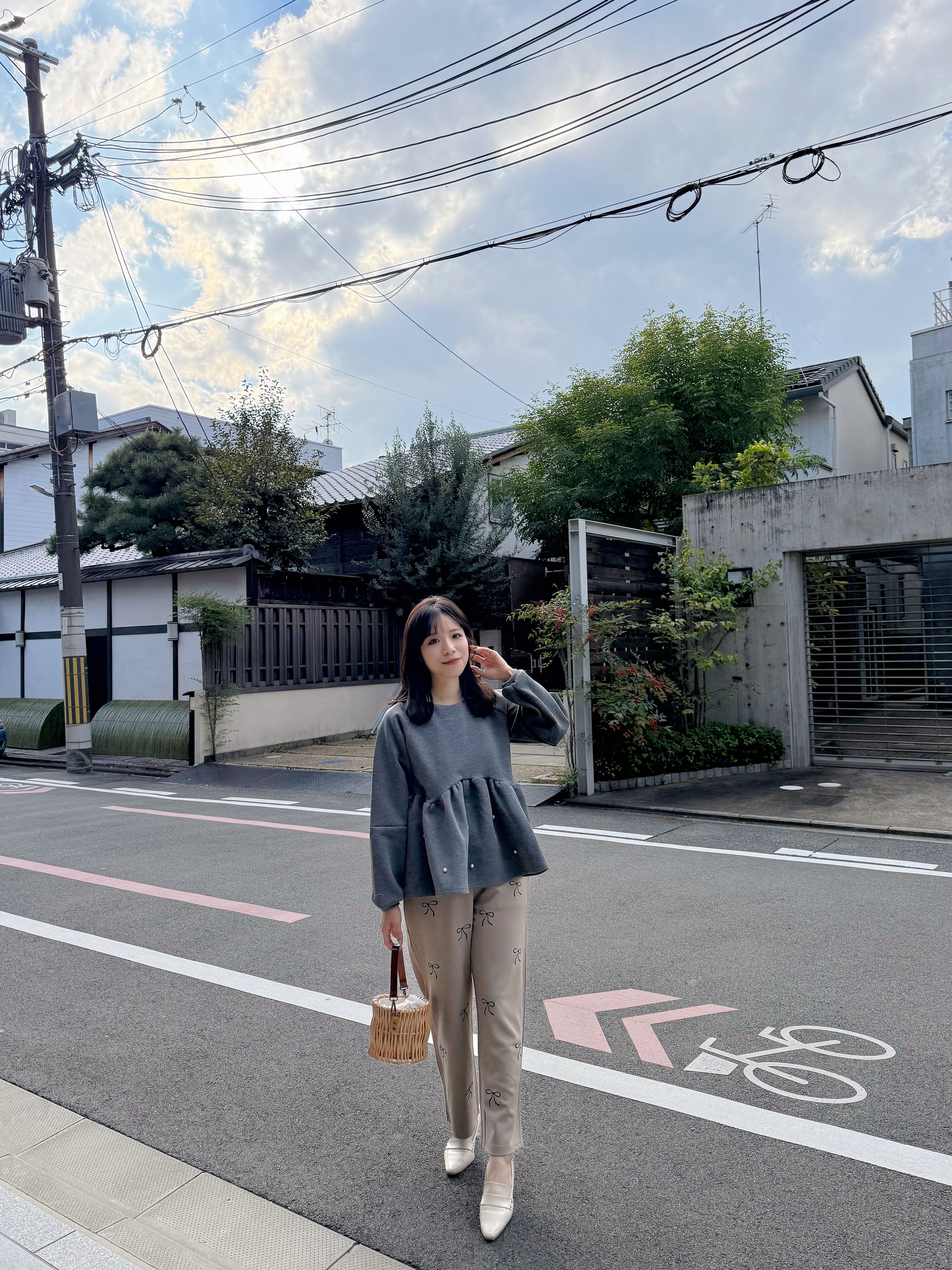 蝴蝶結刺繡雪紡直腳褲