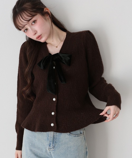 3色•Size M•絲絨蝴蝶結傘擺金線針織外套