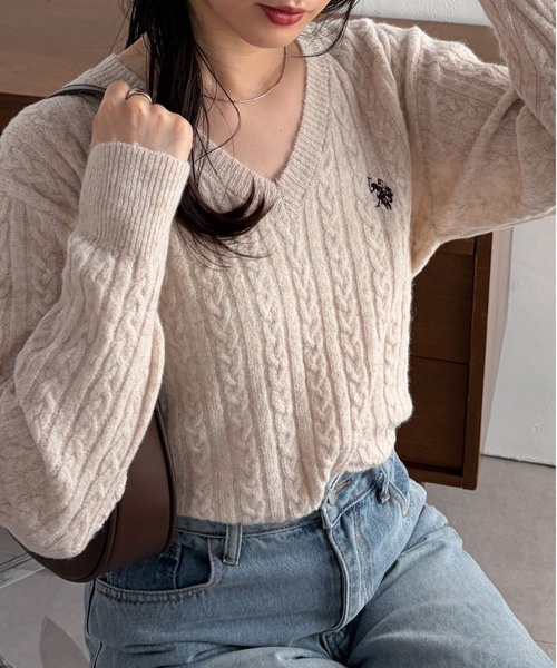 5色・M-LL・U.S. POLO ASSN. 刺繡V領麻花針織上衣