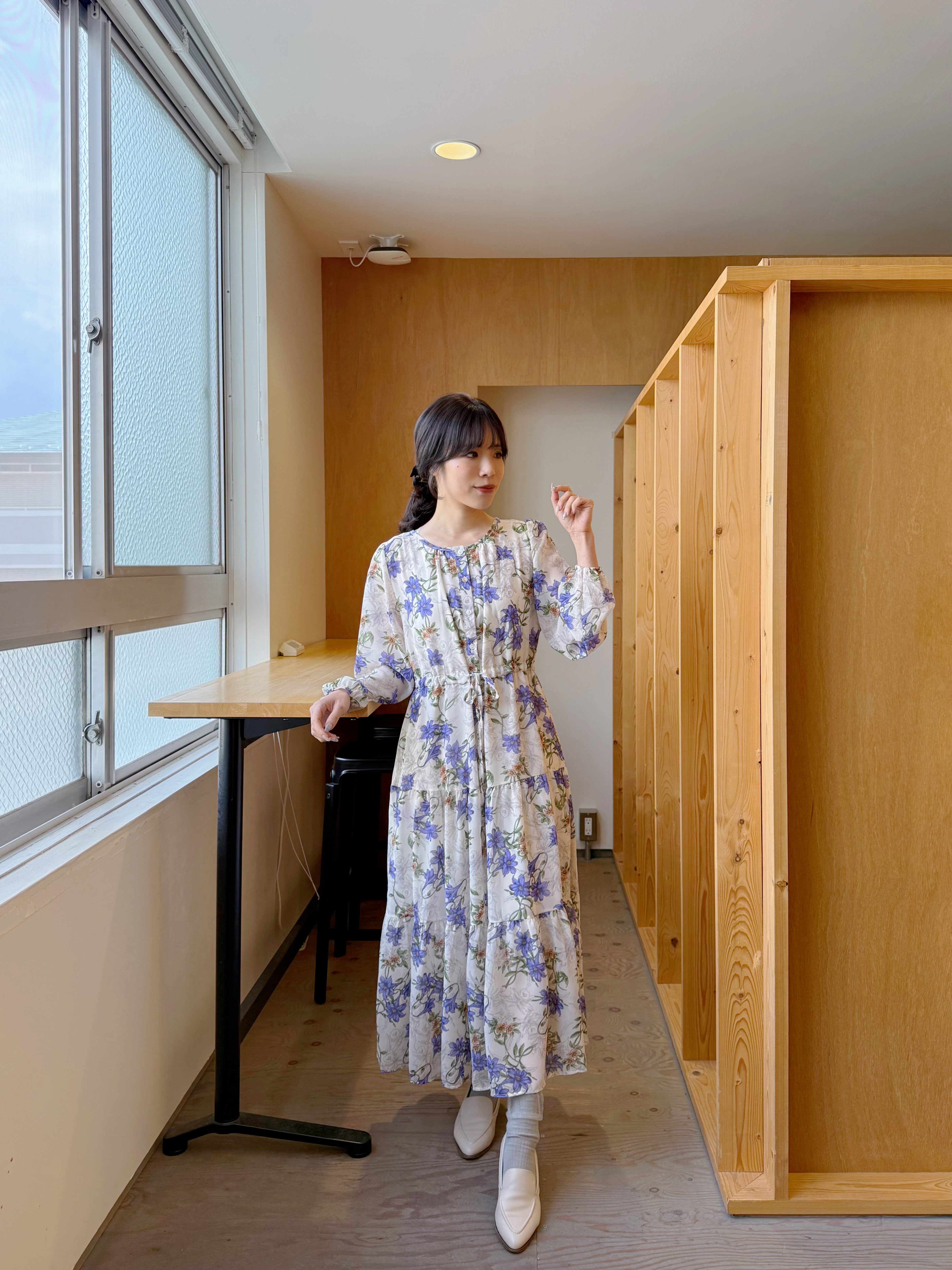 薰衣草紫色花雪紡連身裙