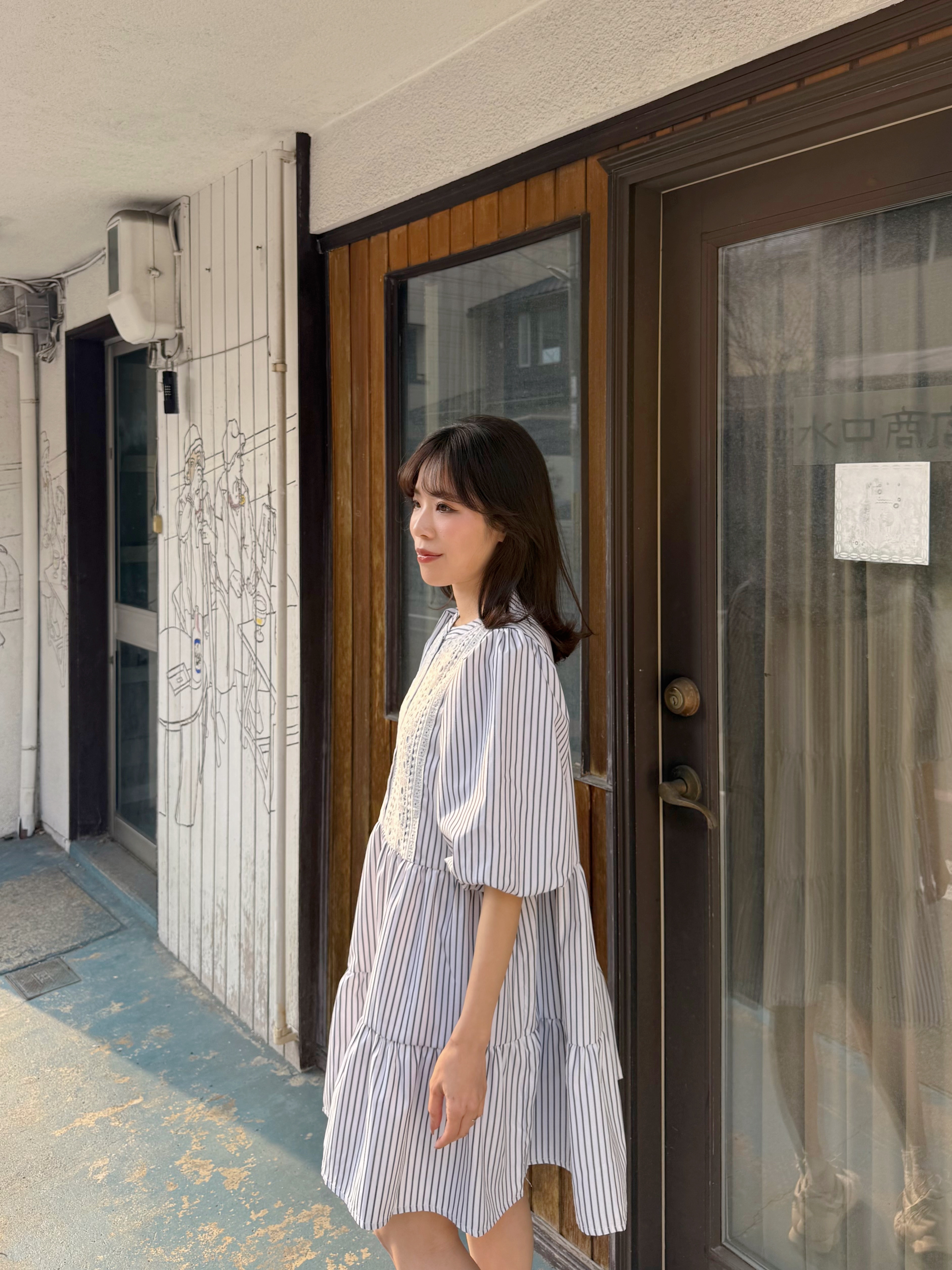 刺繡直條紋泡泡袖雪紡連身裙