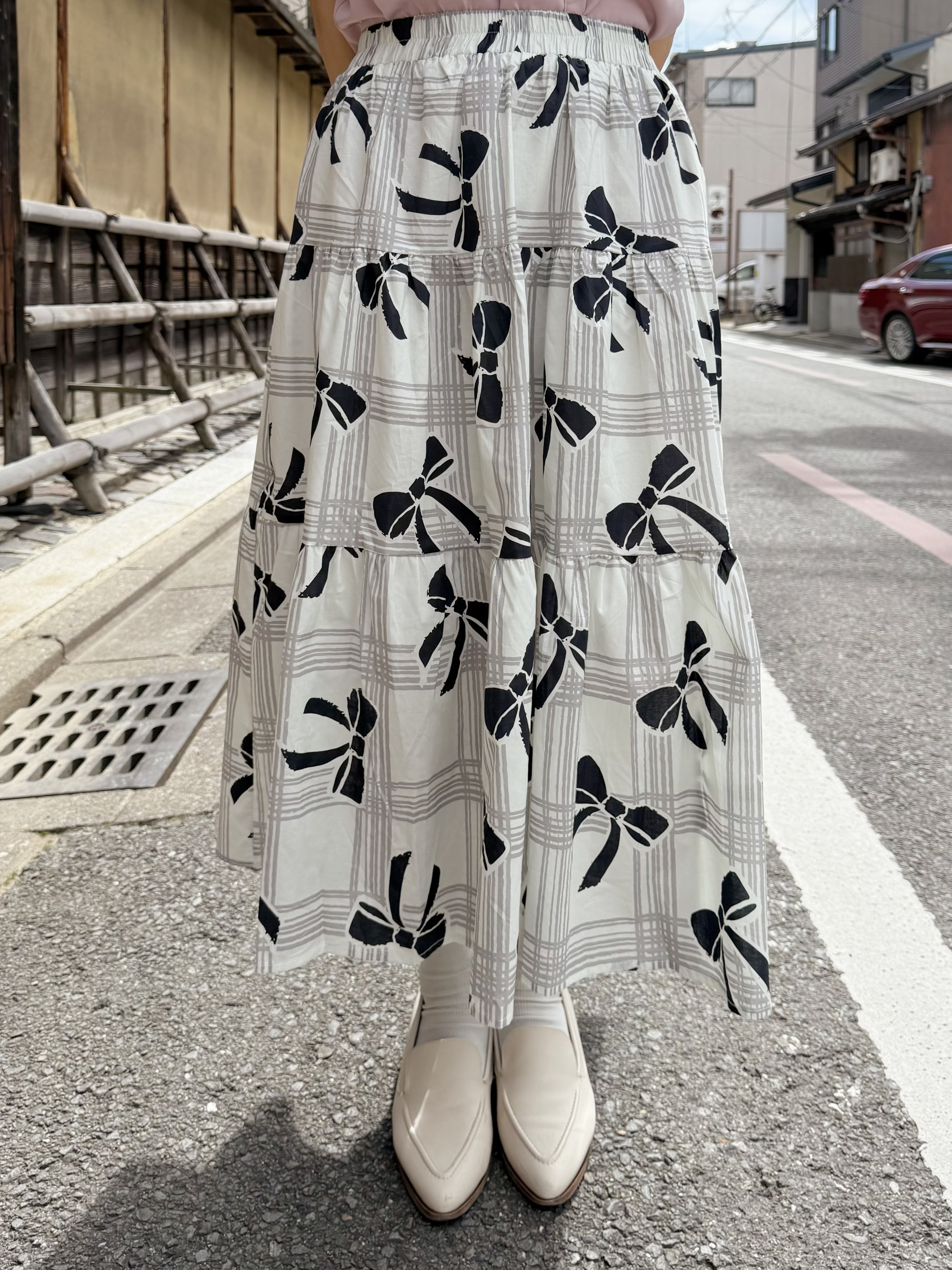 方格蝴蝶結印花半身裙