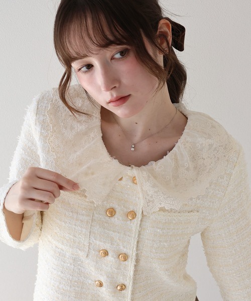 2色•M-L•蕾絲領粗花呢短外套