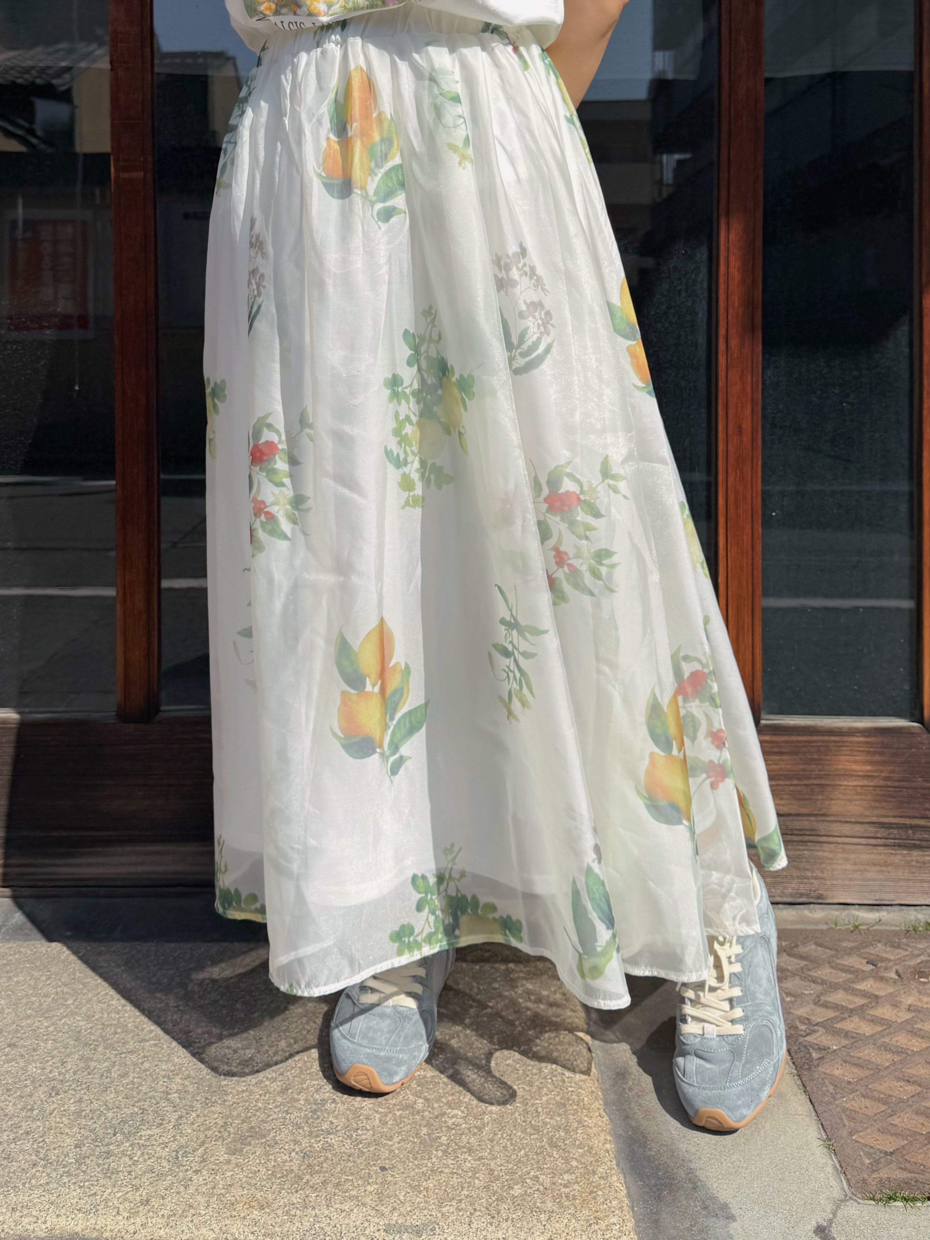 檸檬紅花光澤雪紡半身裙