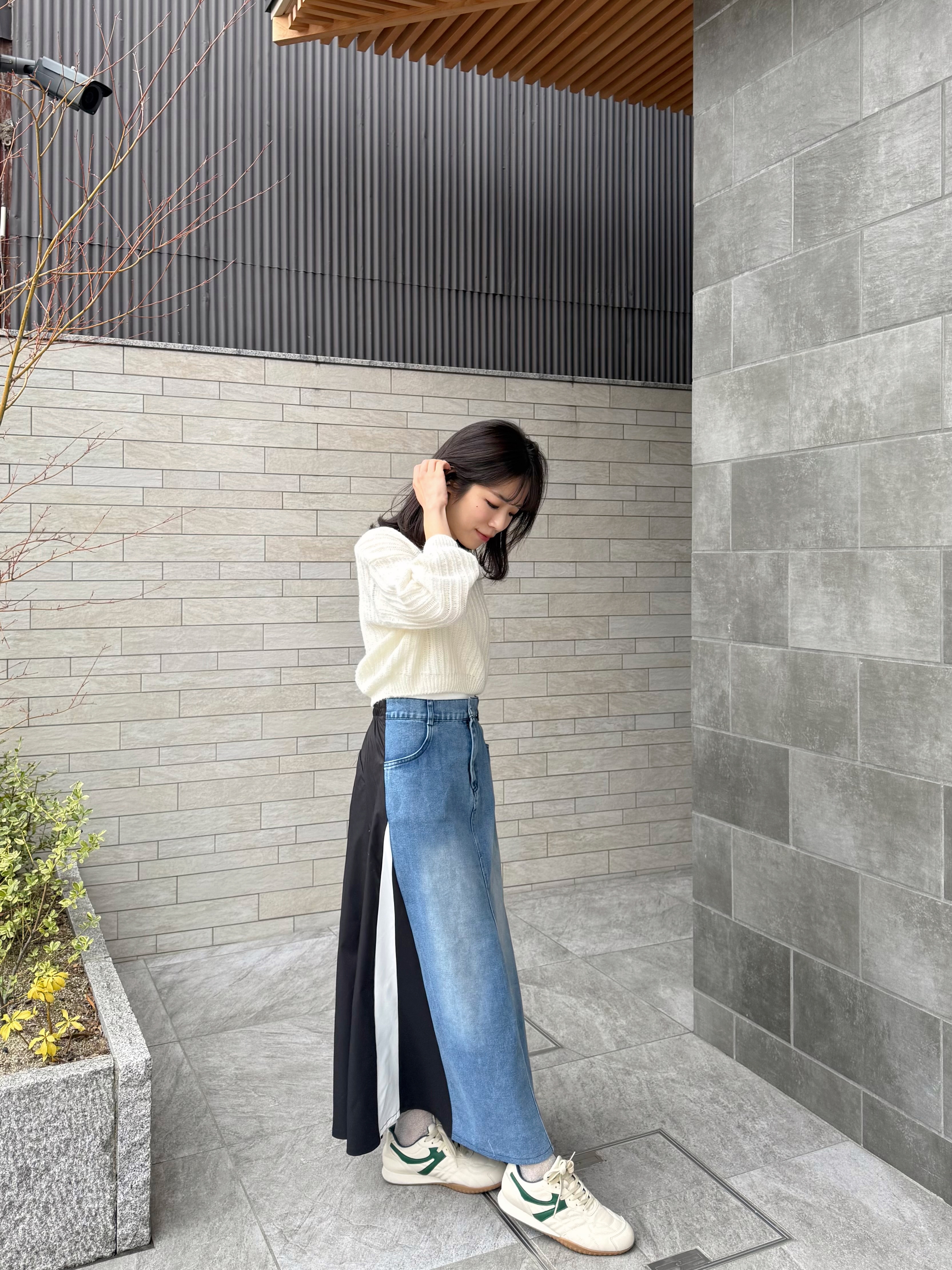 拼色布A line牛仔長款半身裙