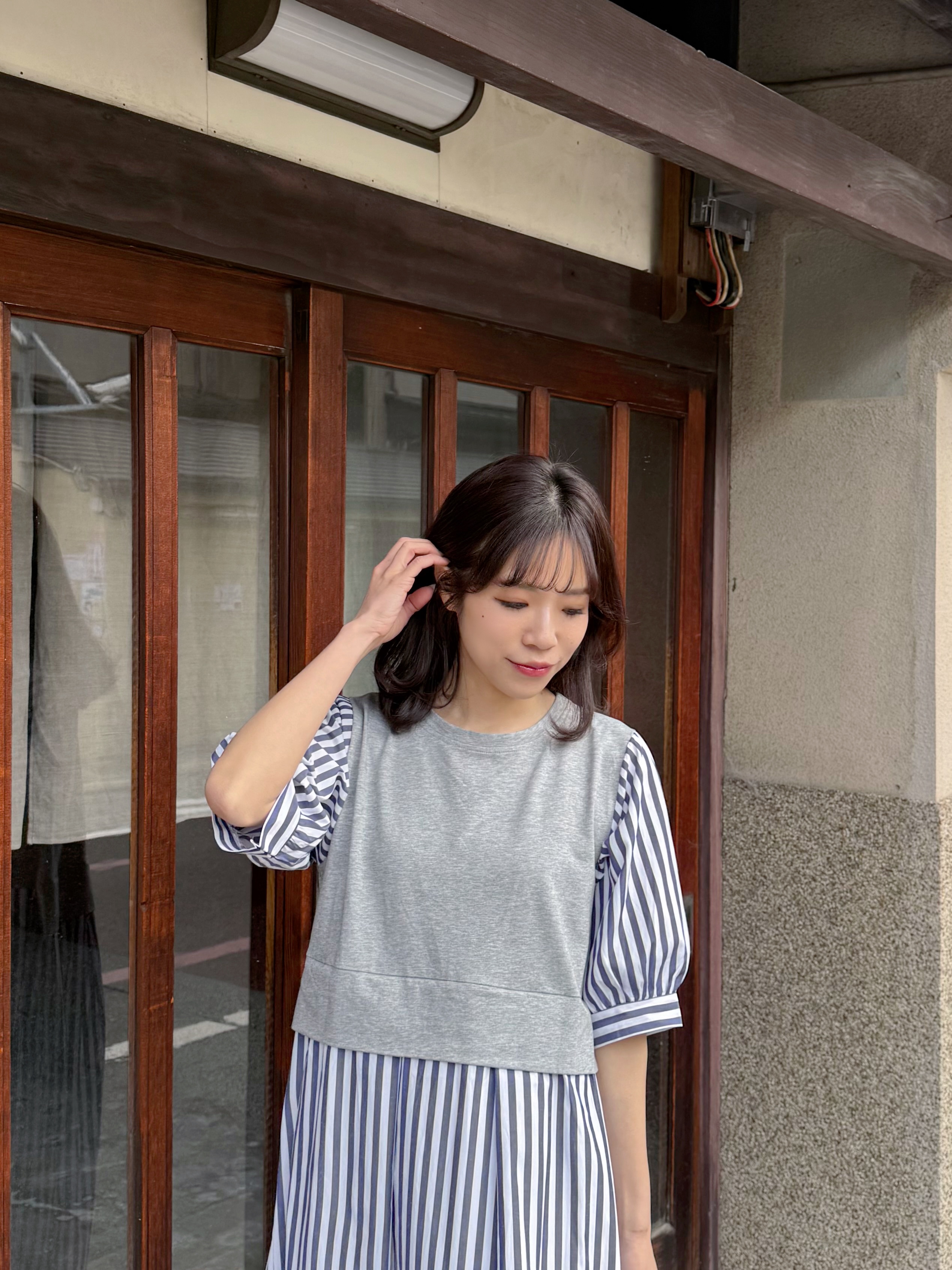 2色•5分袖直條紋拼色布連身裙