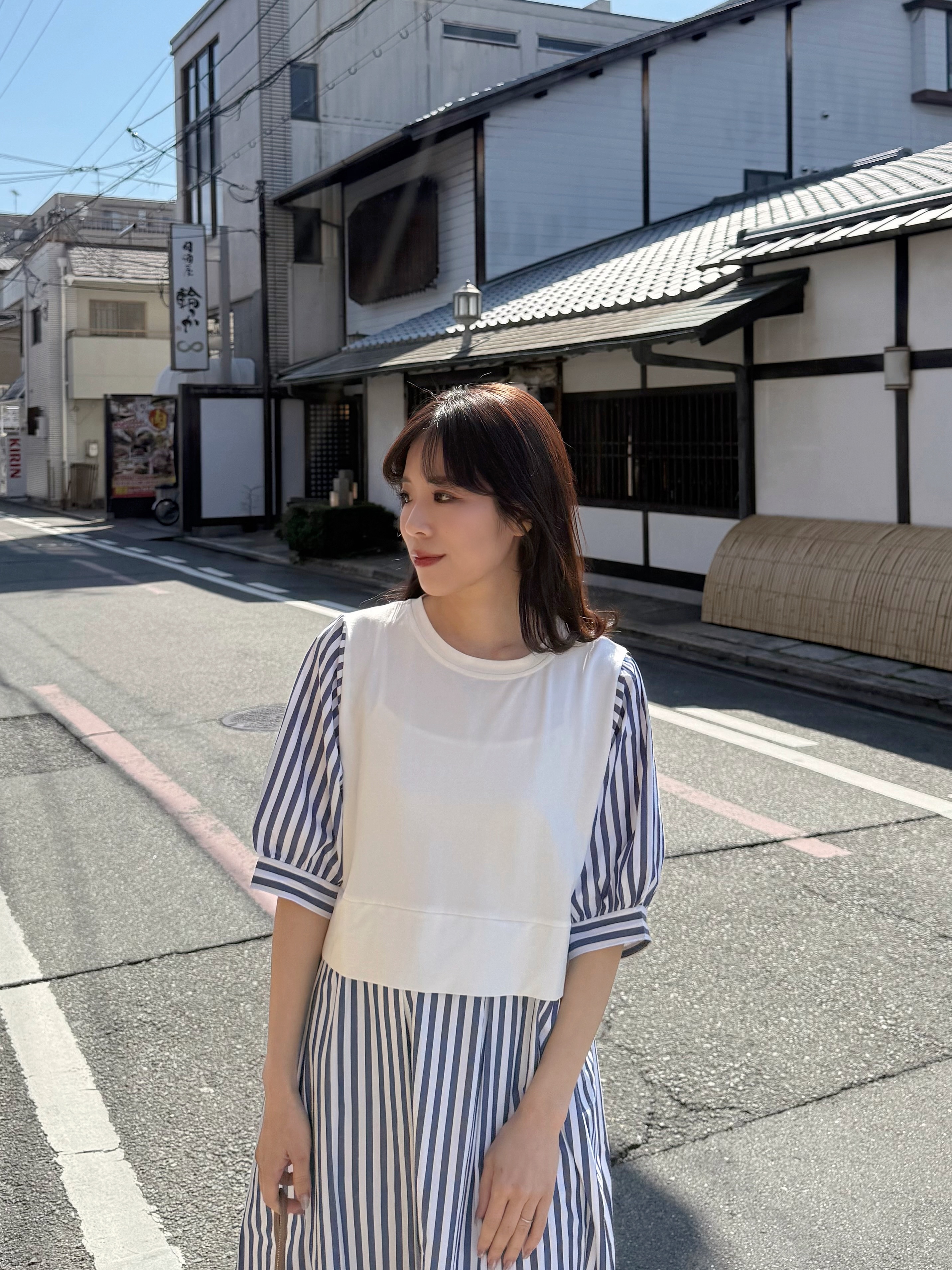 2色•5分袖直條紋拼色布連身裙