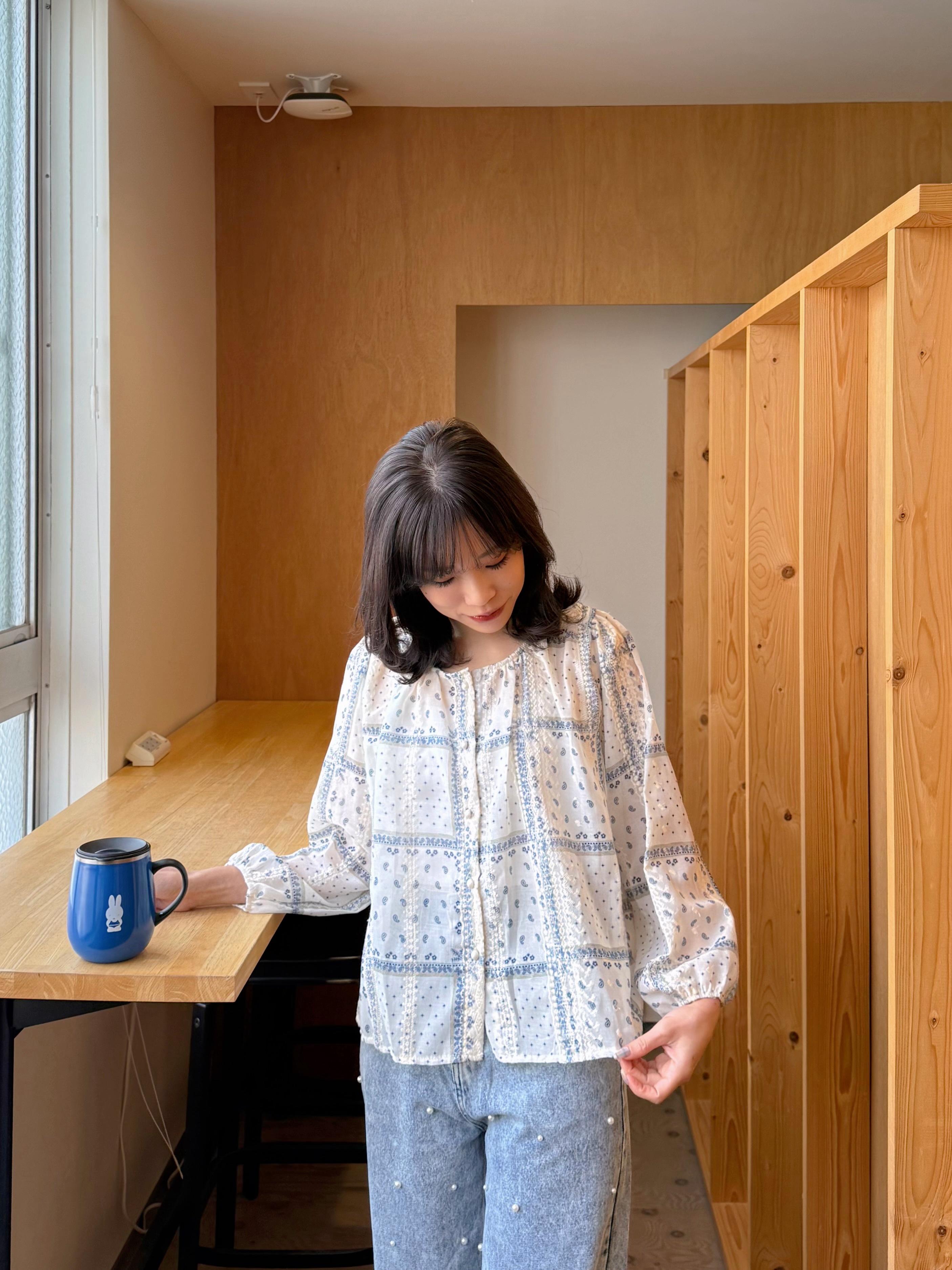 藍白印花8分袖雪紡上衣