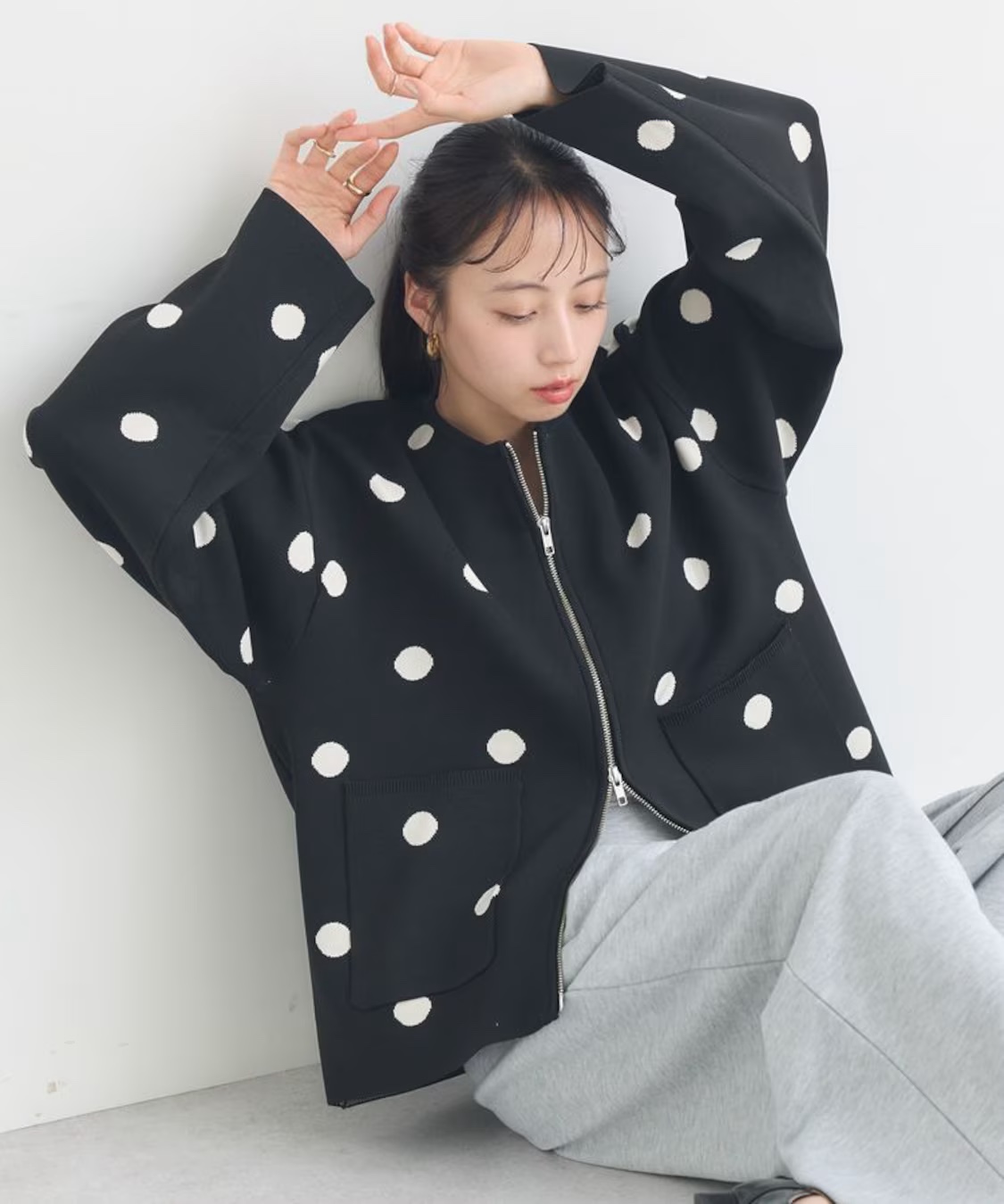 2色•波點防起毛粒針織拉鍊外套