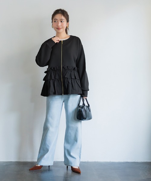 2色•拼接壓摺傘擺拉鍊外套