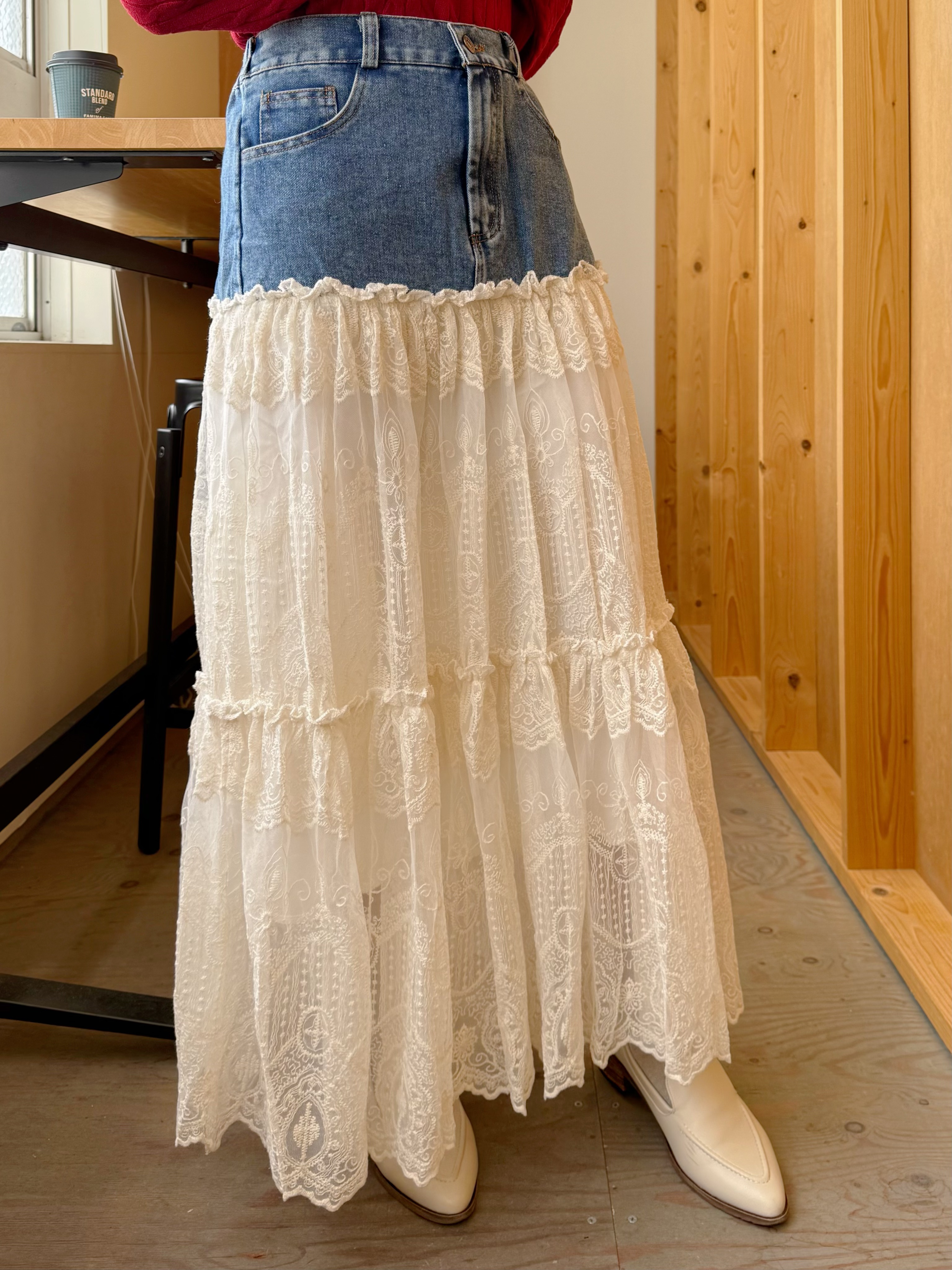 牛仔拼蕾絲A line半身裙