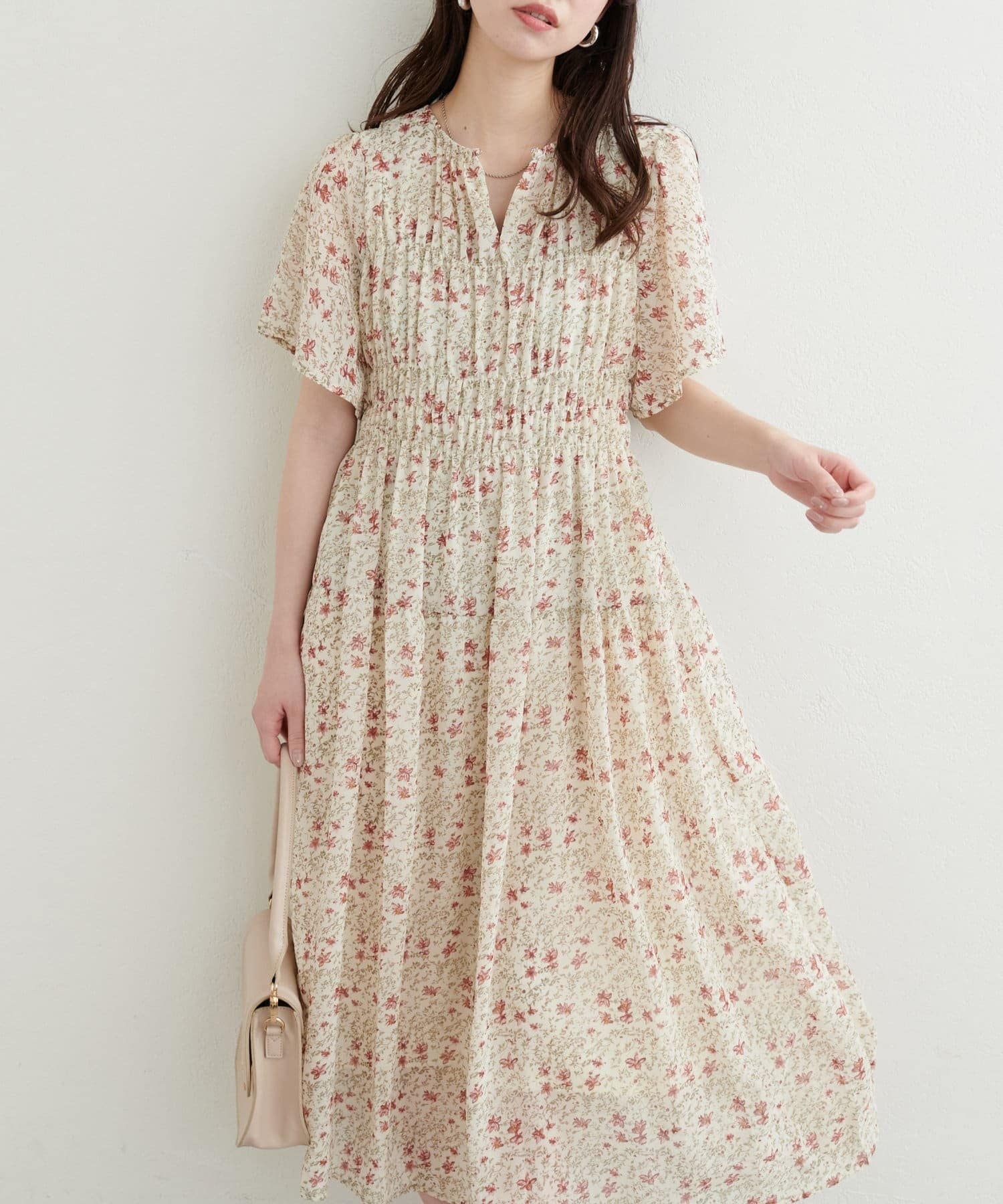 2Way前後傘袖碎花摺摺雪紡連身裙