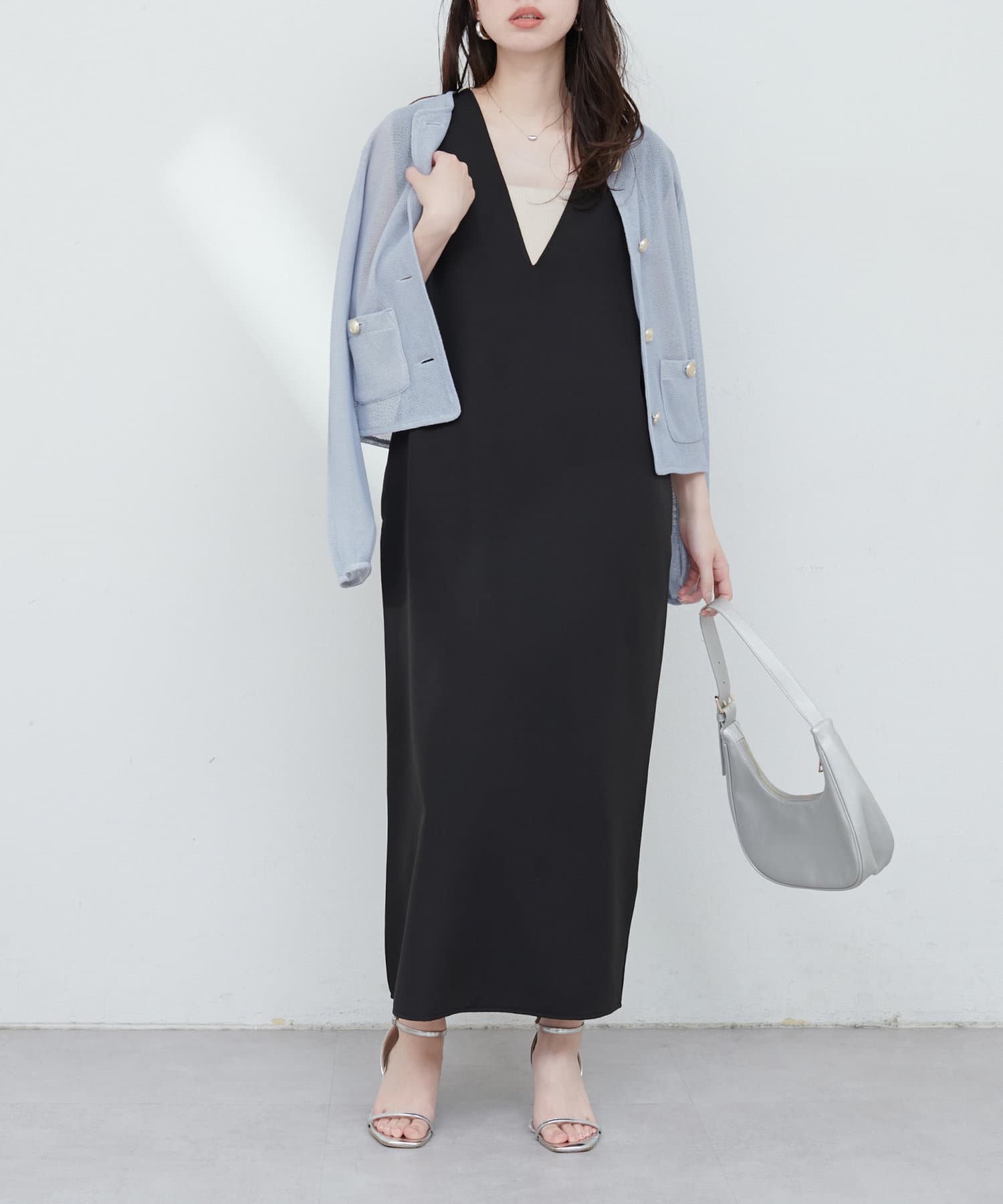 V領有袋雪紡背心連身裙