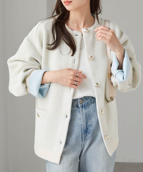 拼色金扣中長款針織外套