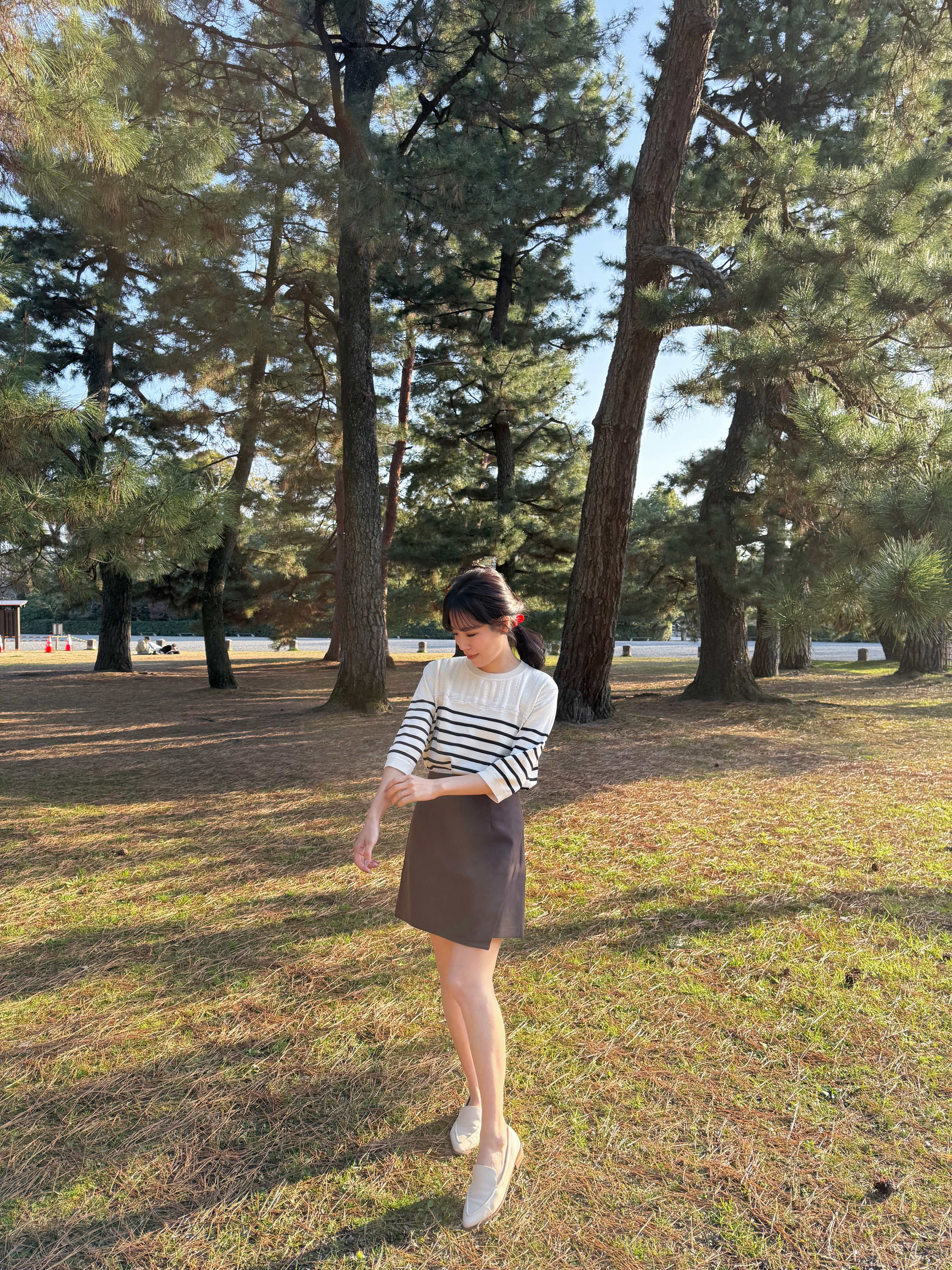 間條蕾絲邊7分袖薄款針織上衣