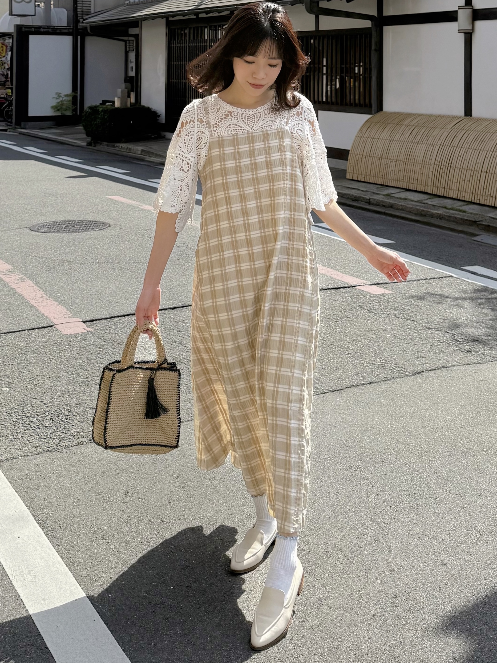 3色•格仔壓紋吊帶雪紡連身裙