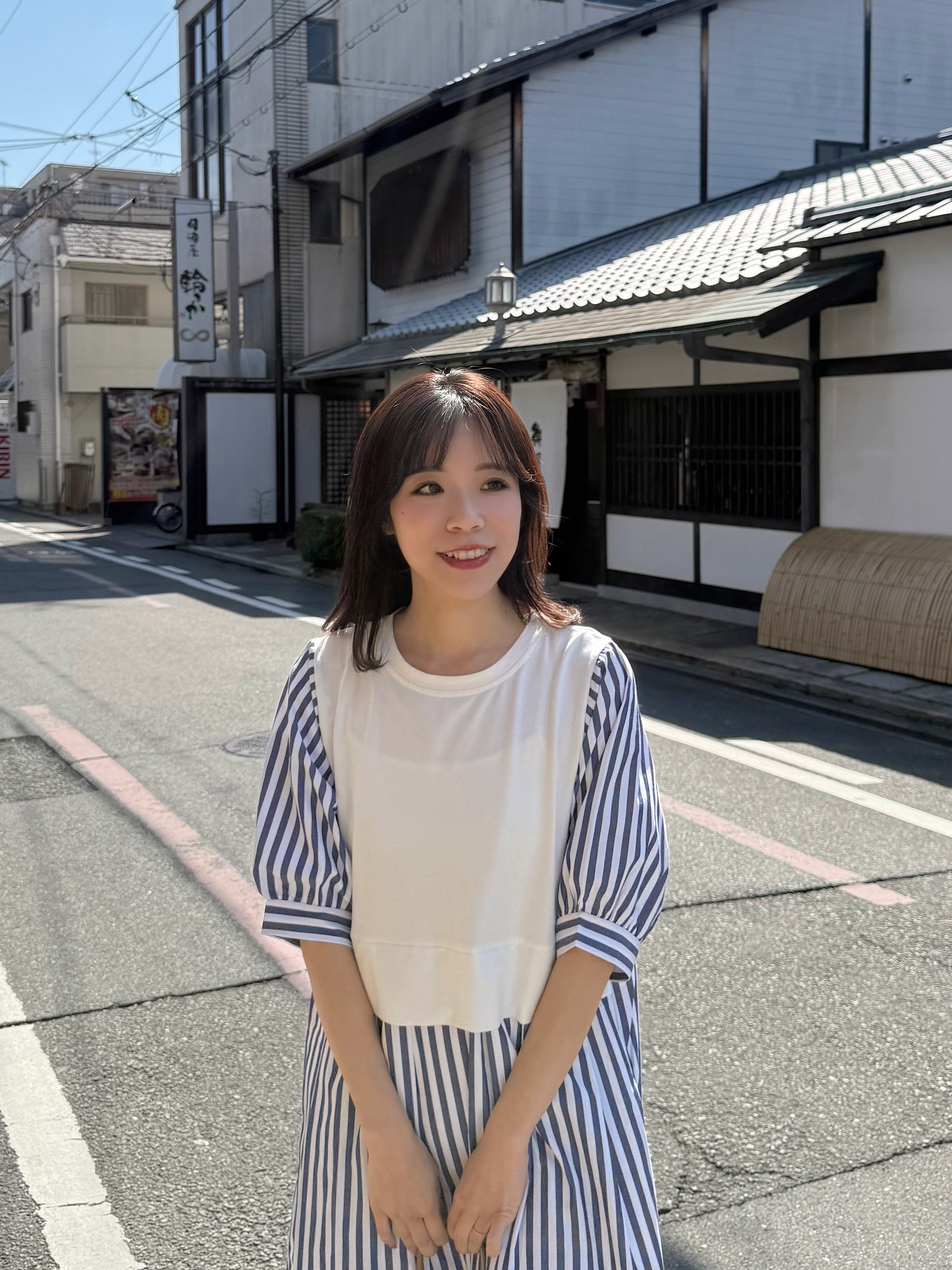 2色•5分袖直條紋拼色布連身裙