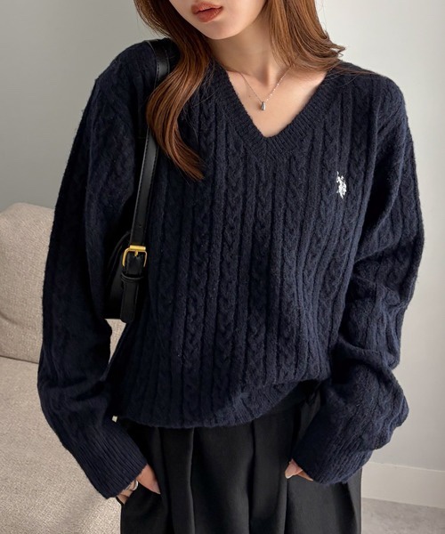5色・M-LL・U.S. POLO ASSN. 刺繡V領麻花針織上衣