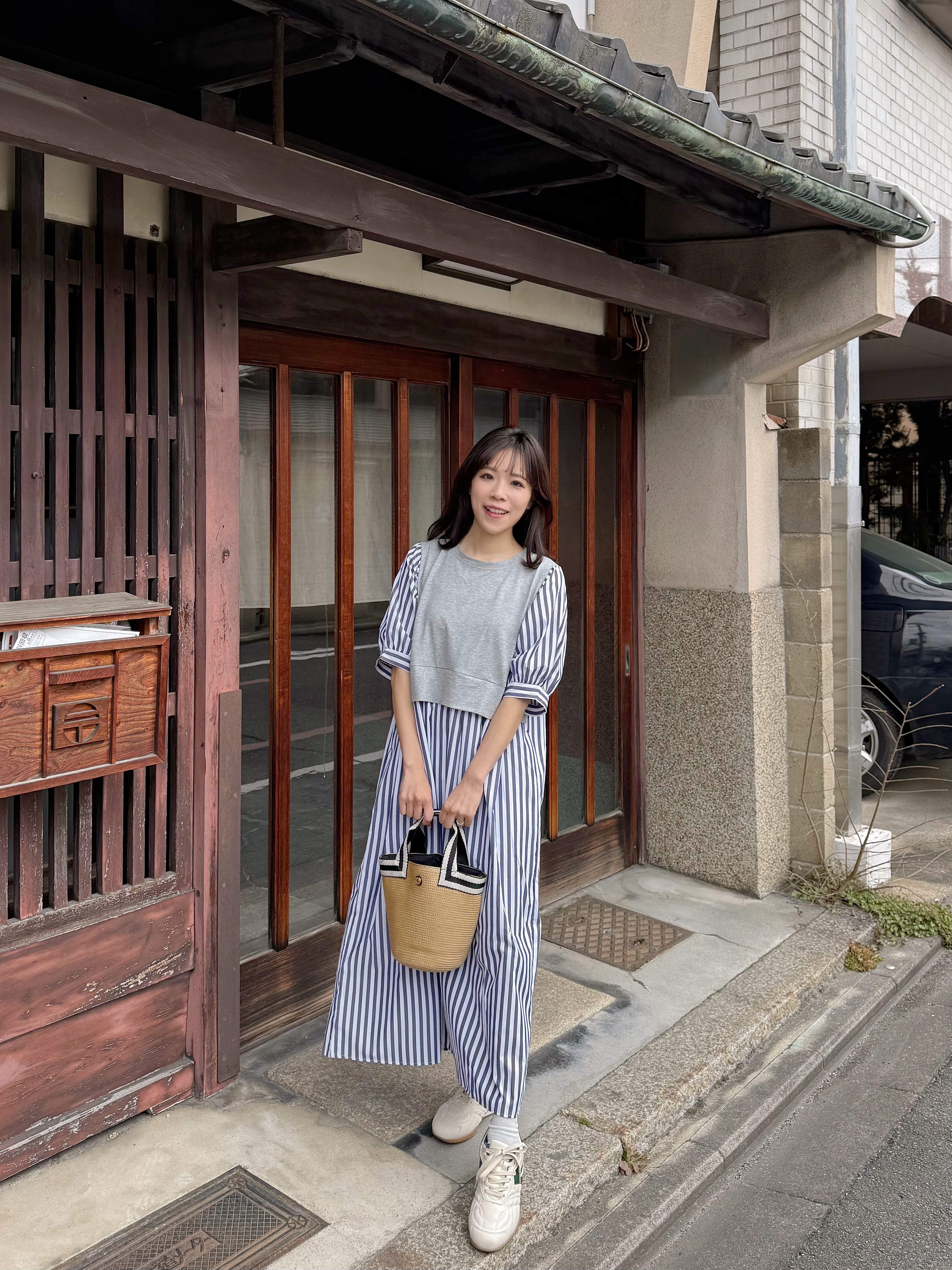 2色•5分袖直條紋拼色布連身裙