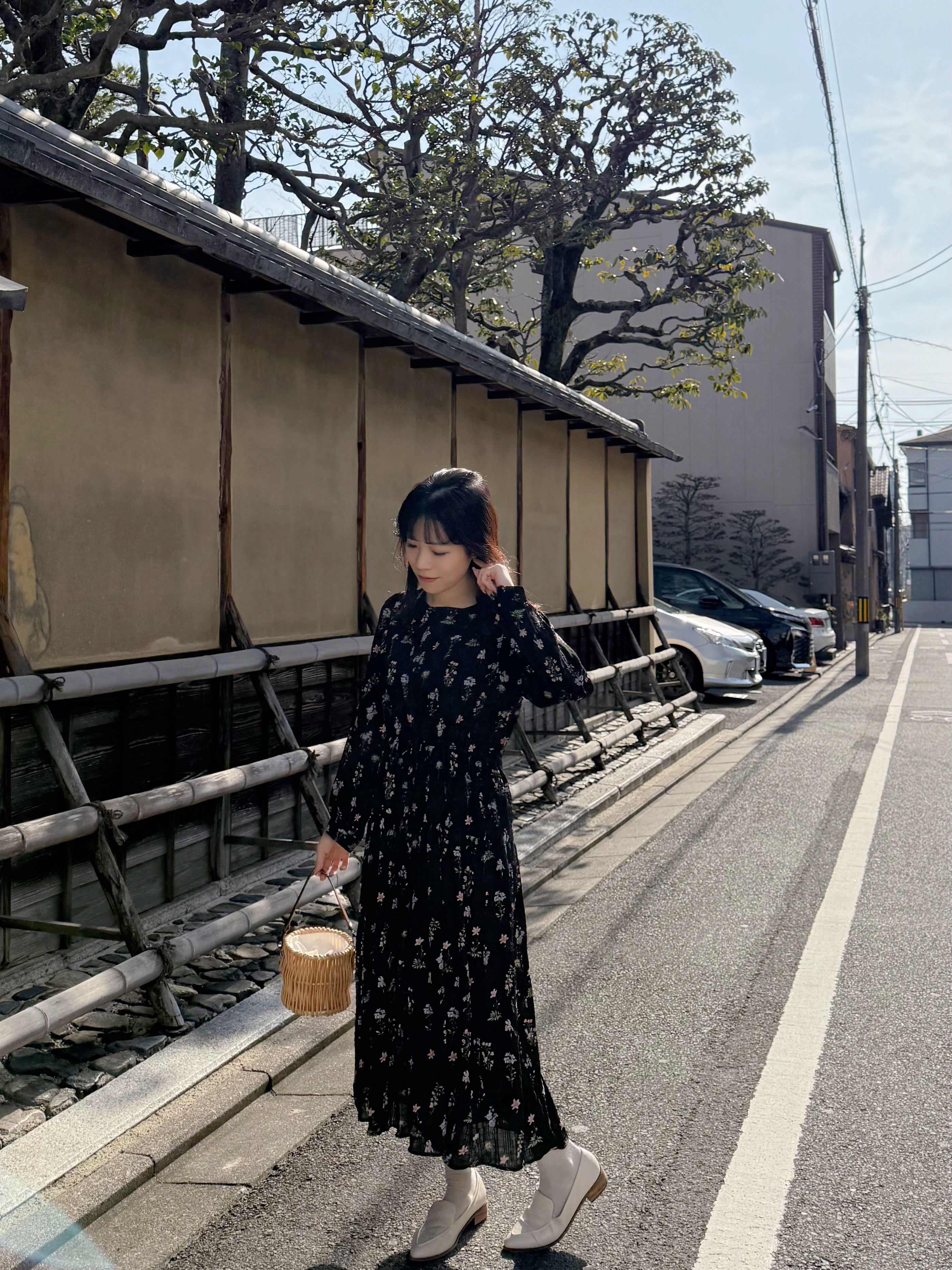 印花圖案索繩腰帶雪紡連身裙