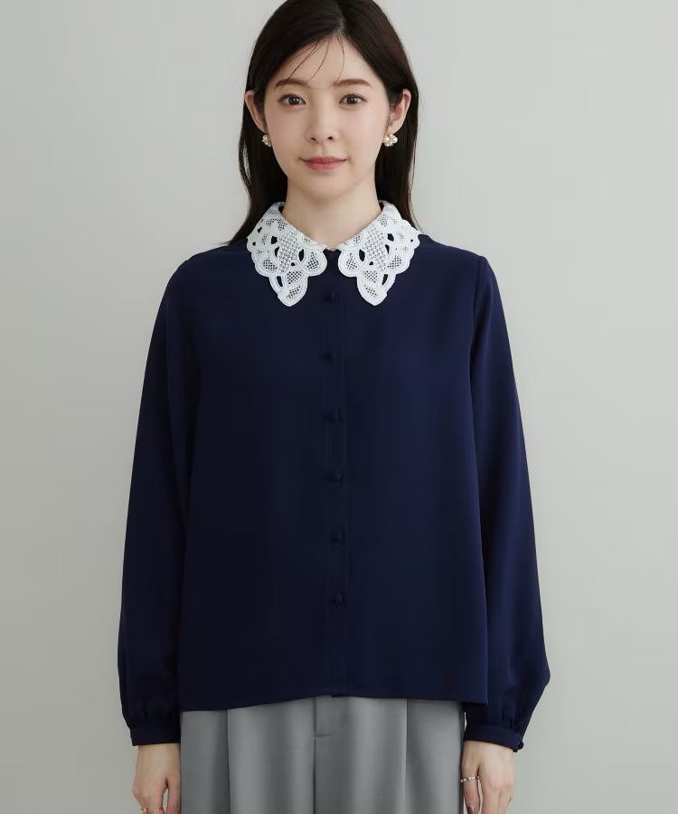 3色•S-LL碼•蕾絲領雪紡恤衫