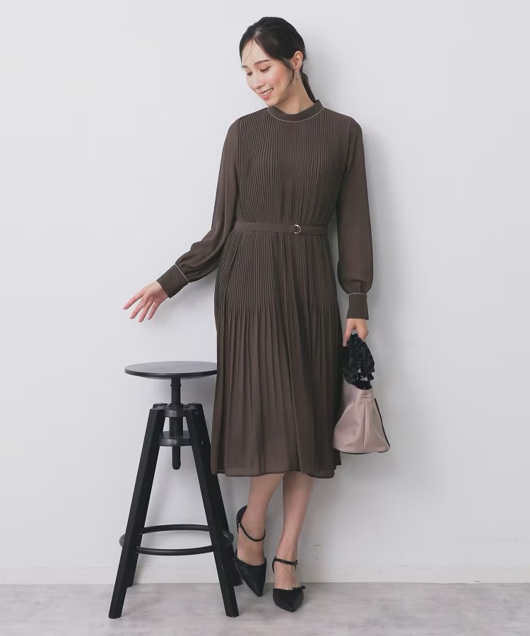 3色•百褶腰帶雪紡連身裙