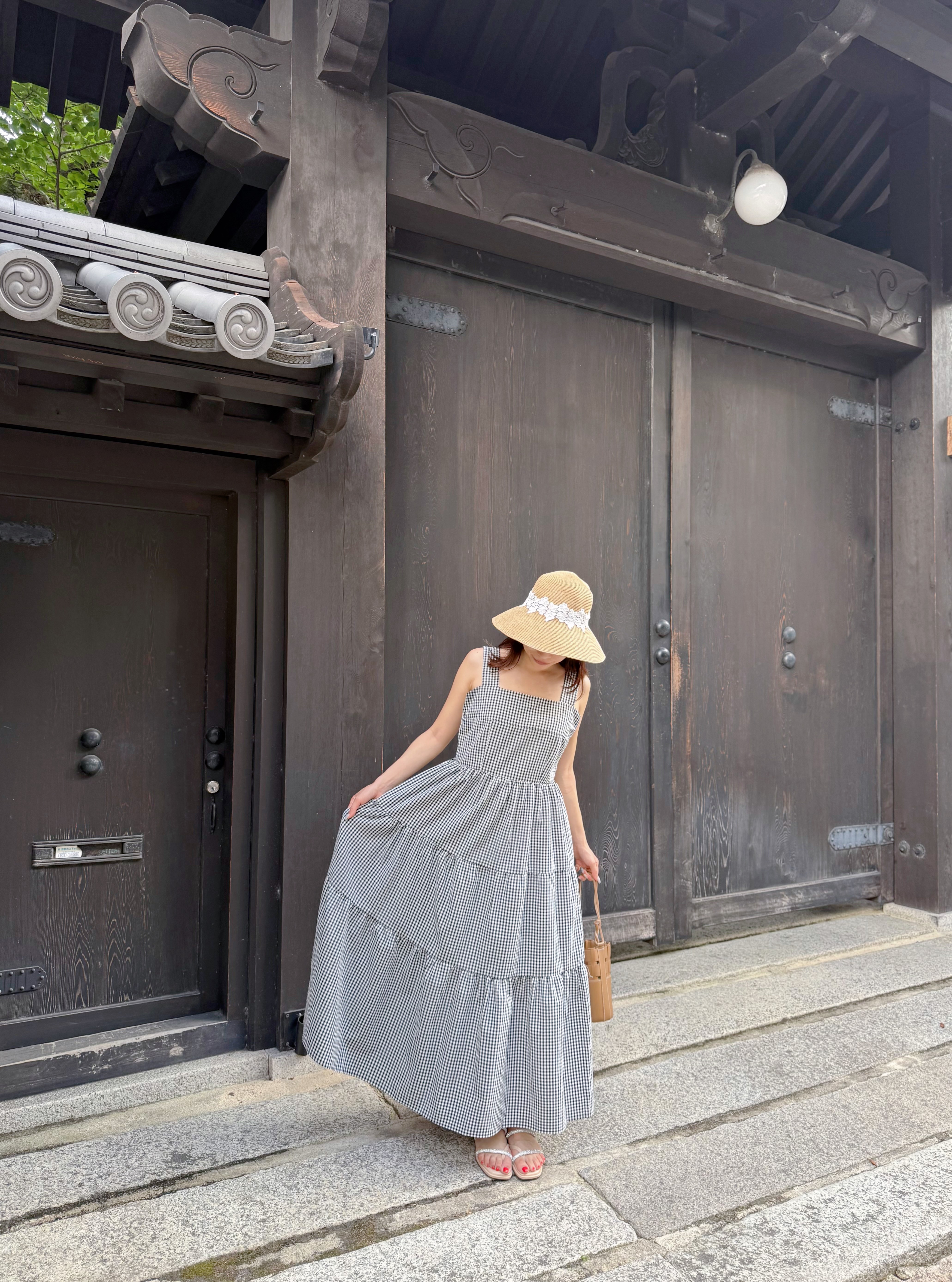 方領格仔背心(有裙袋)連身裙