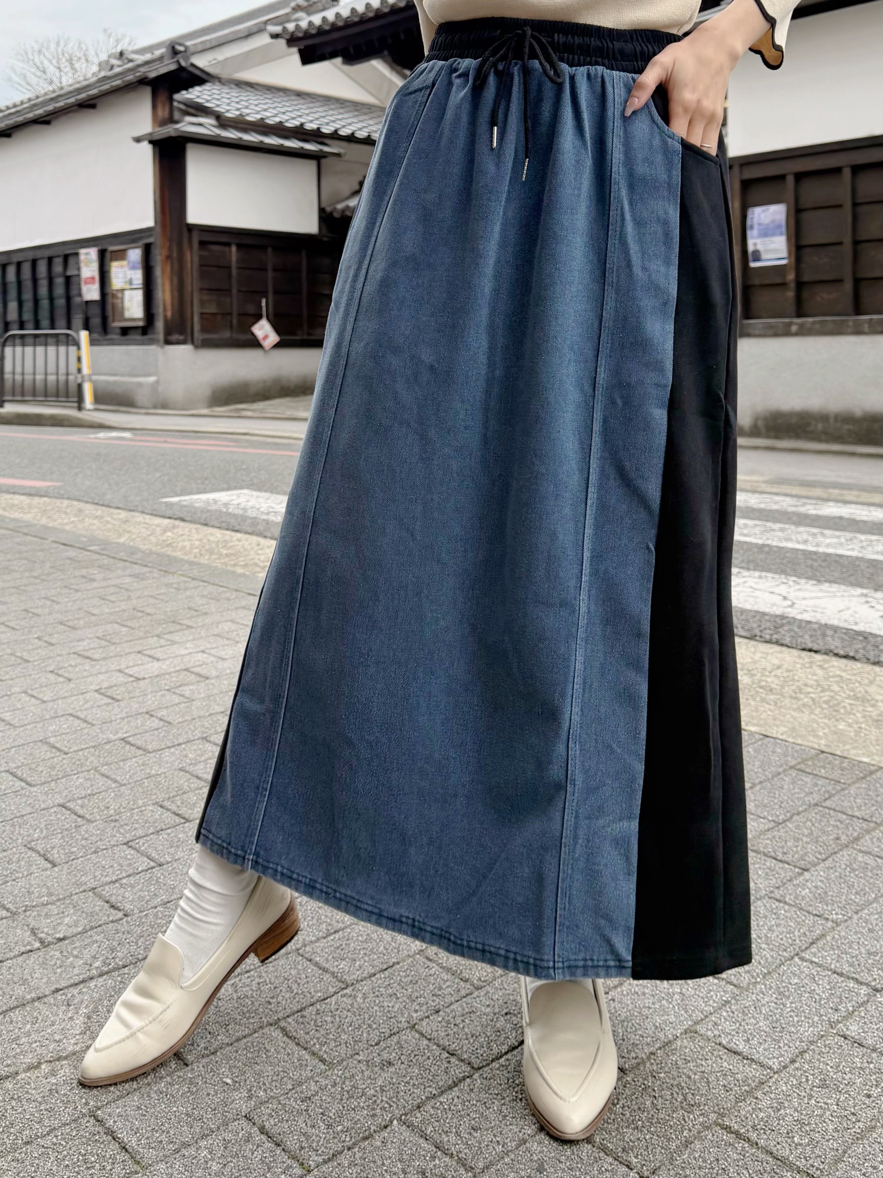 拼色橡筋腰有袋牛仔裙