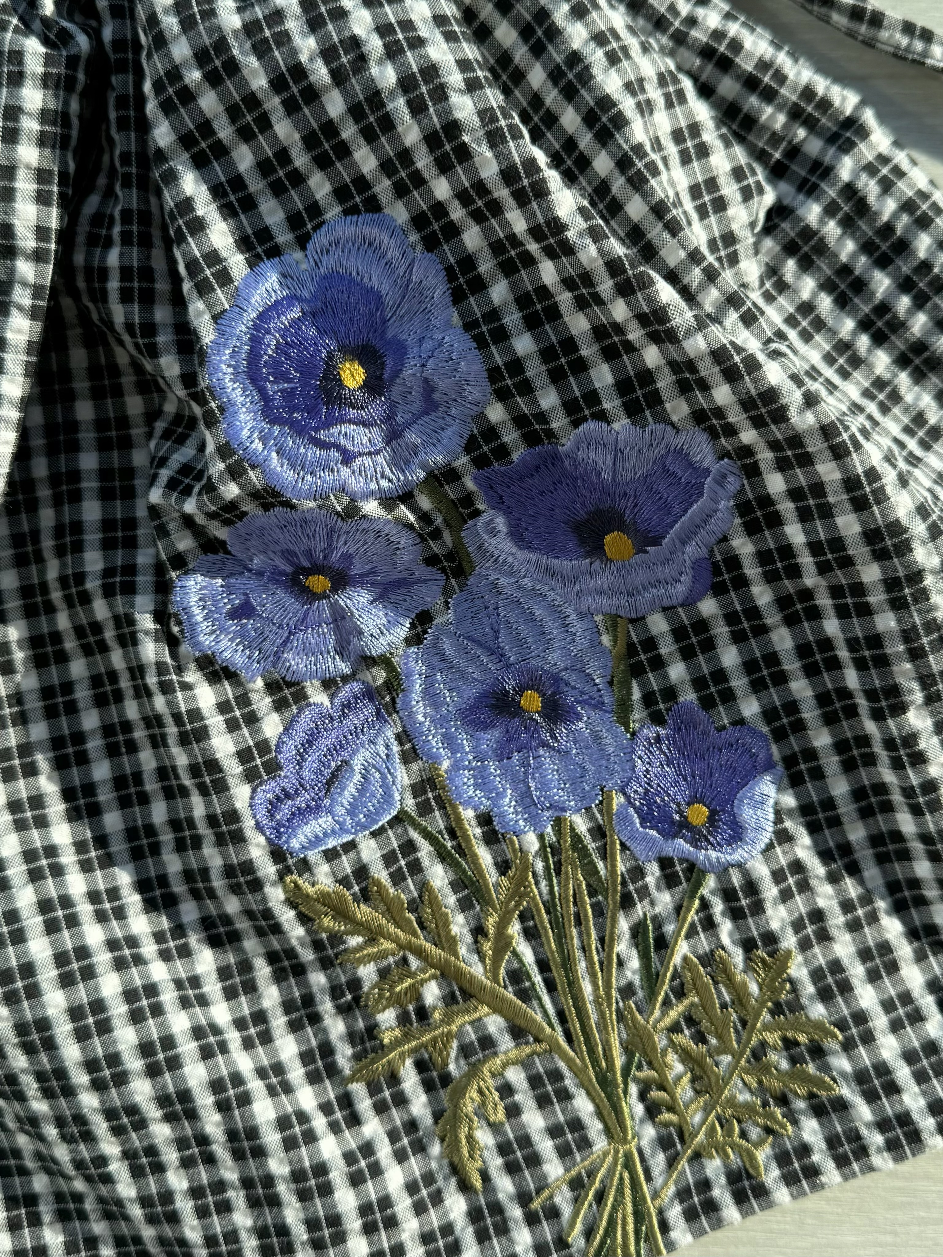 3色•格紋花朵刺繡束口手挽袋