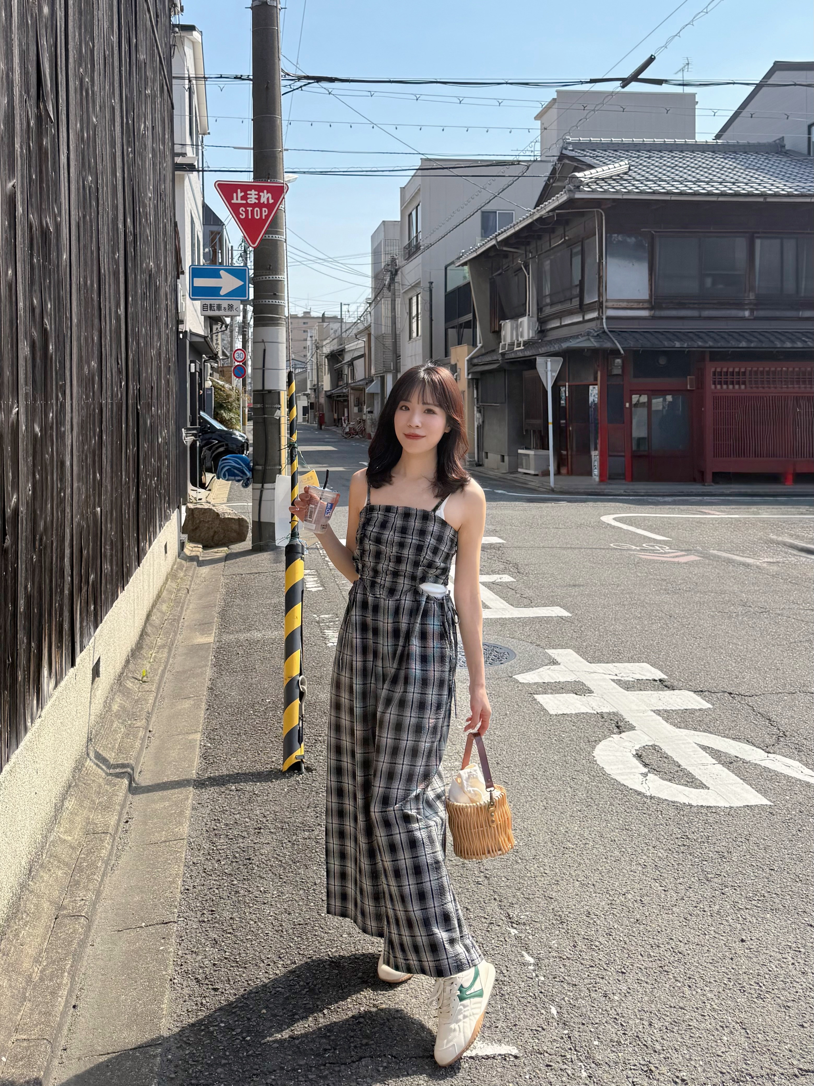 黑白格吊帶連身褲 + 髮圈套裝