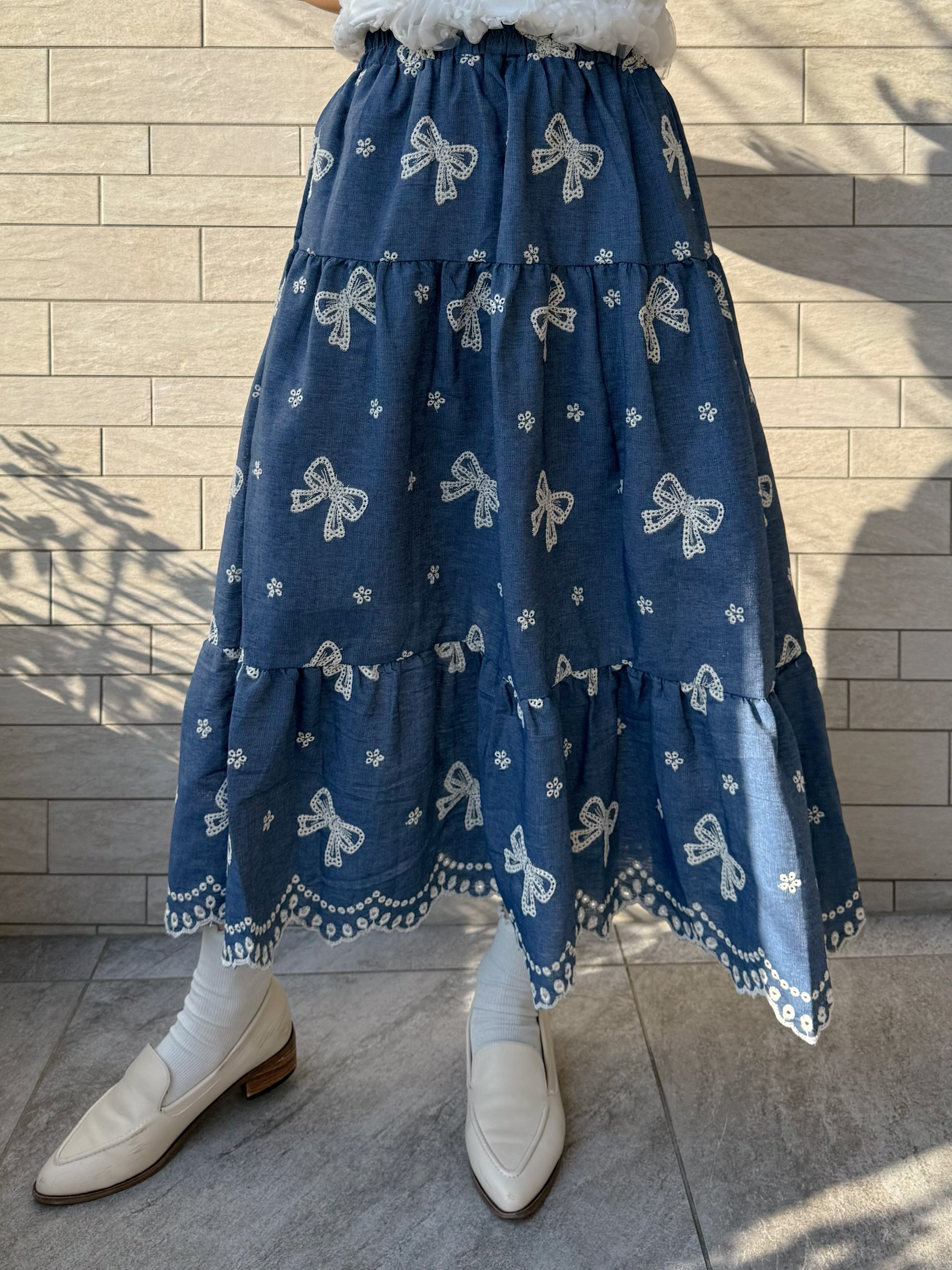 蝴蝶結刺繡綿質半身裙