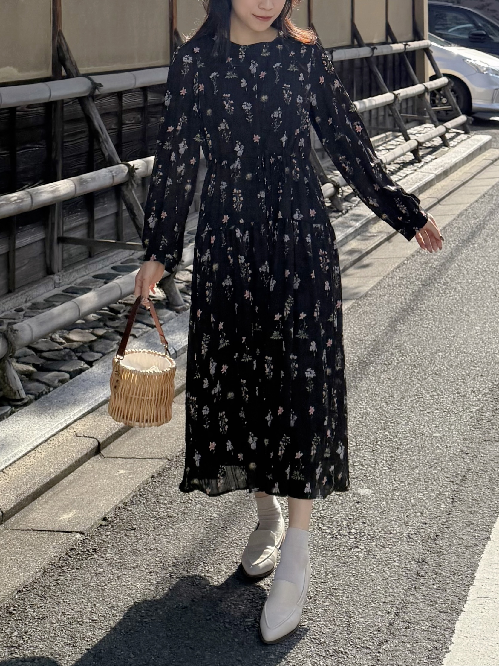 印花圖案索繩腰帶雪紡連身裙