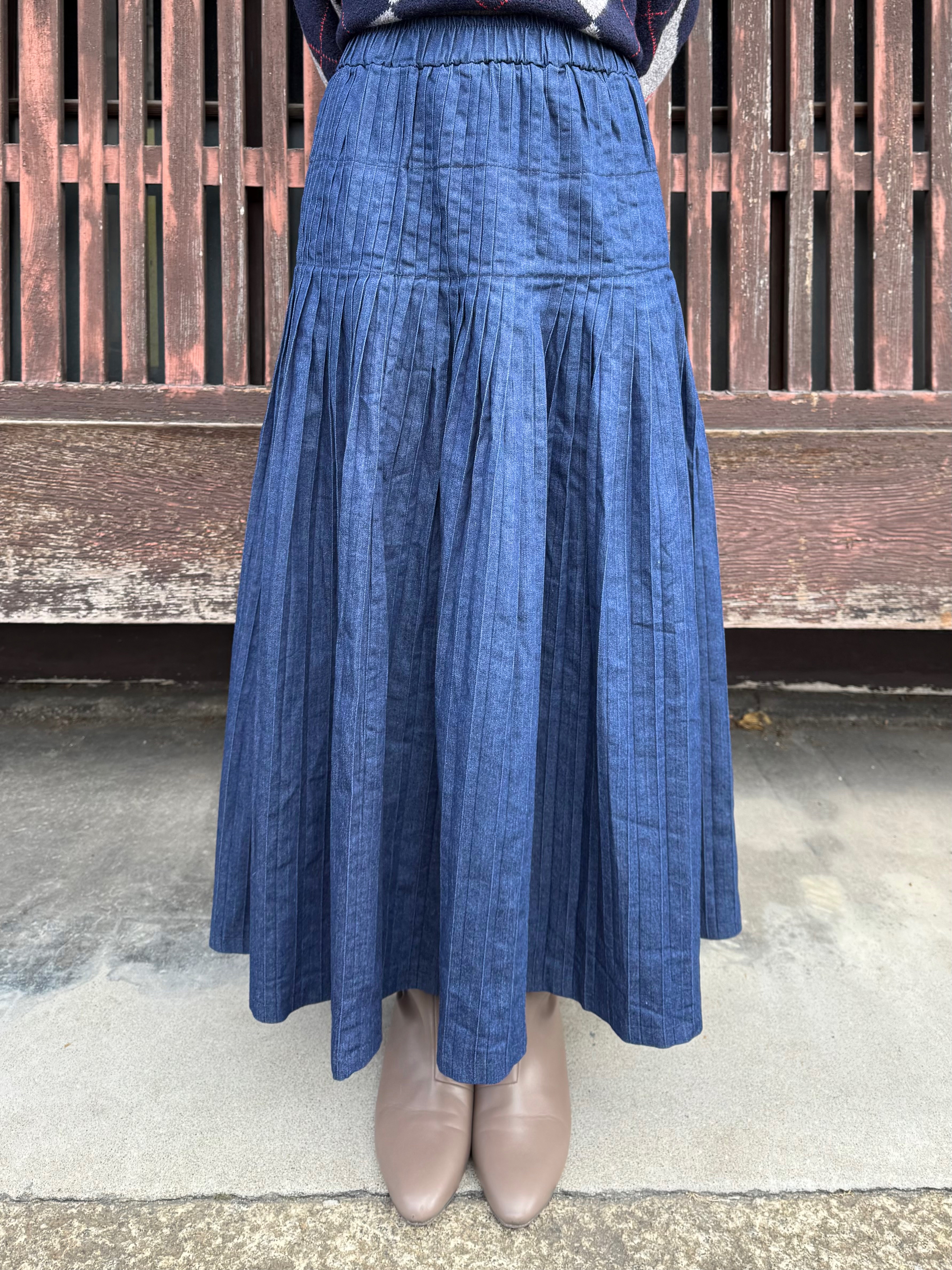 百褶牛仔長款半身裙