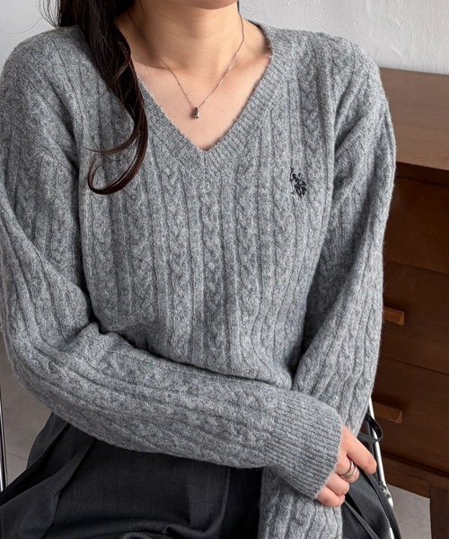 5色・M-LL・U.S. POLO ASSN. 刺繡V領麻花針織上衣