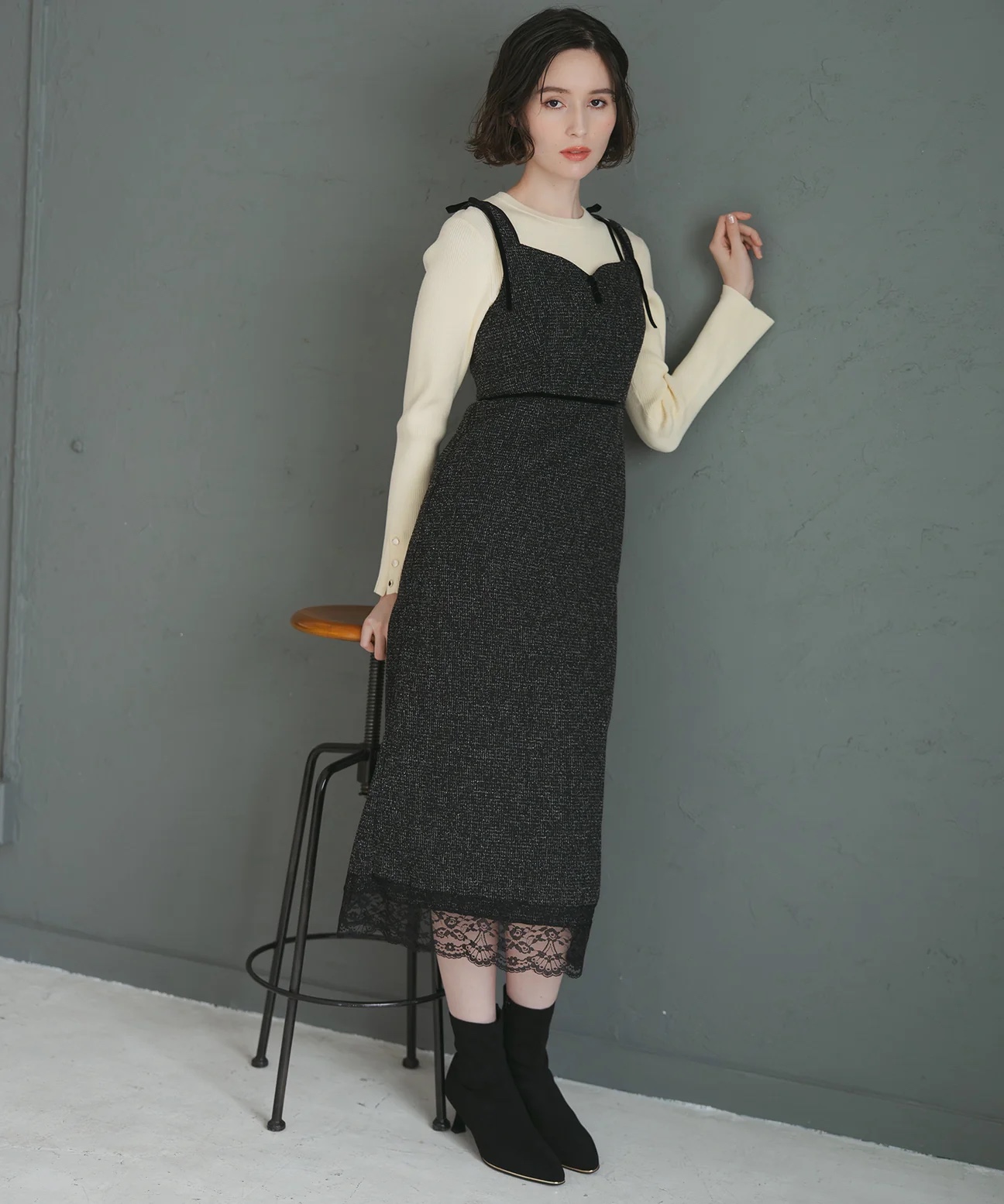 2色．Tweed拼蕾絲背心連身裙