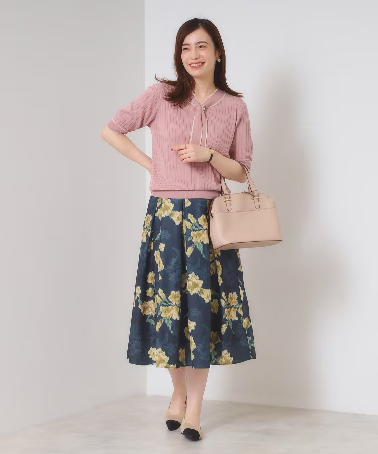 深藍拼黃花雪紡半身裙