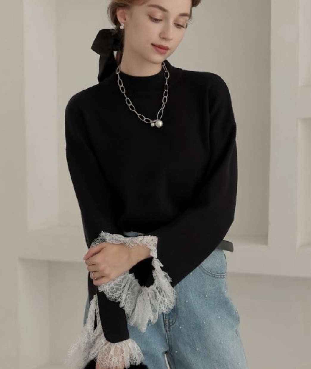 3色•蕾絲手袖針織上衣