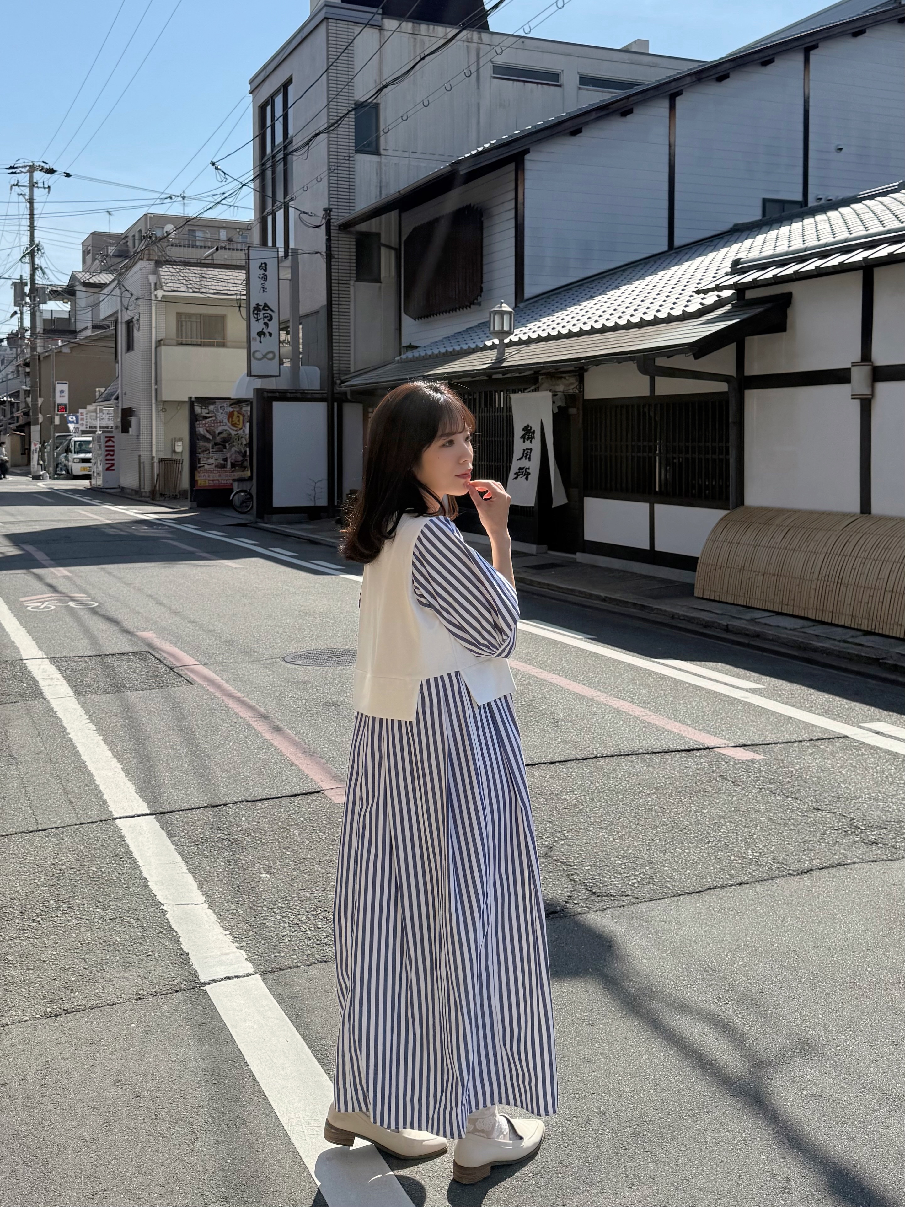 2色•5分袖直條紋拼色布連身裙