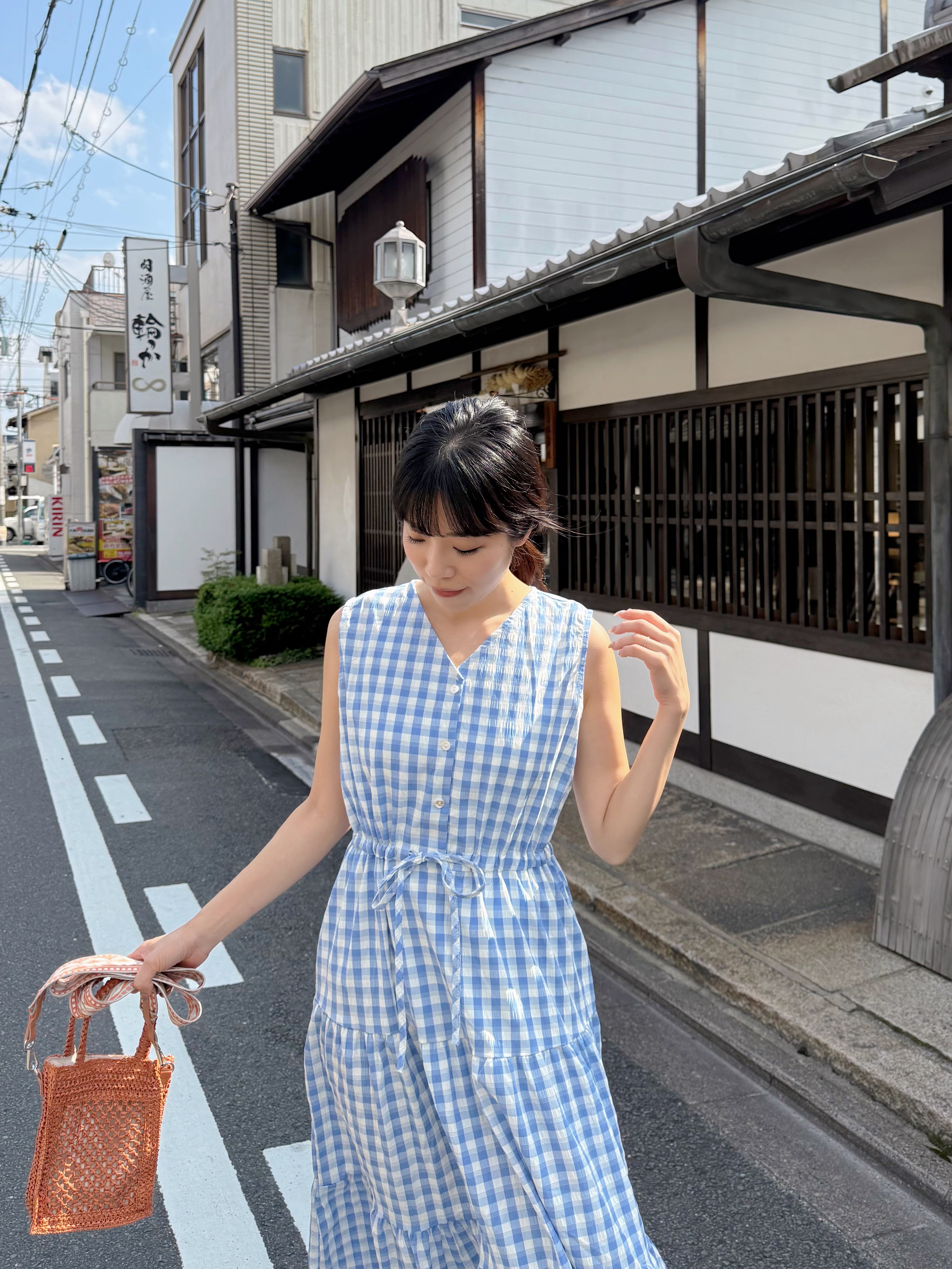 V領格仔背心雪紡連身裙