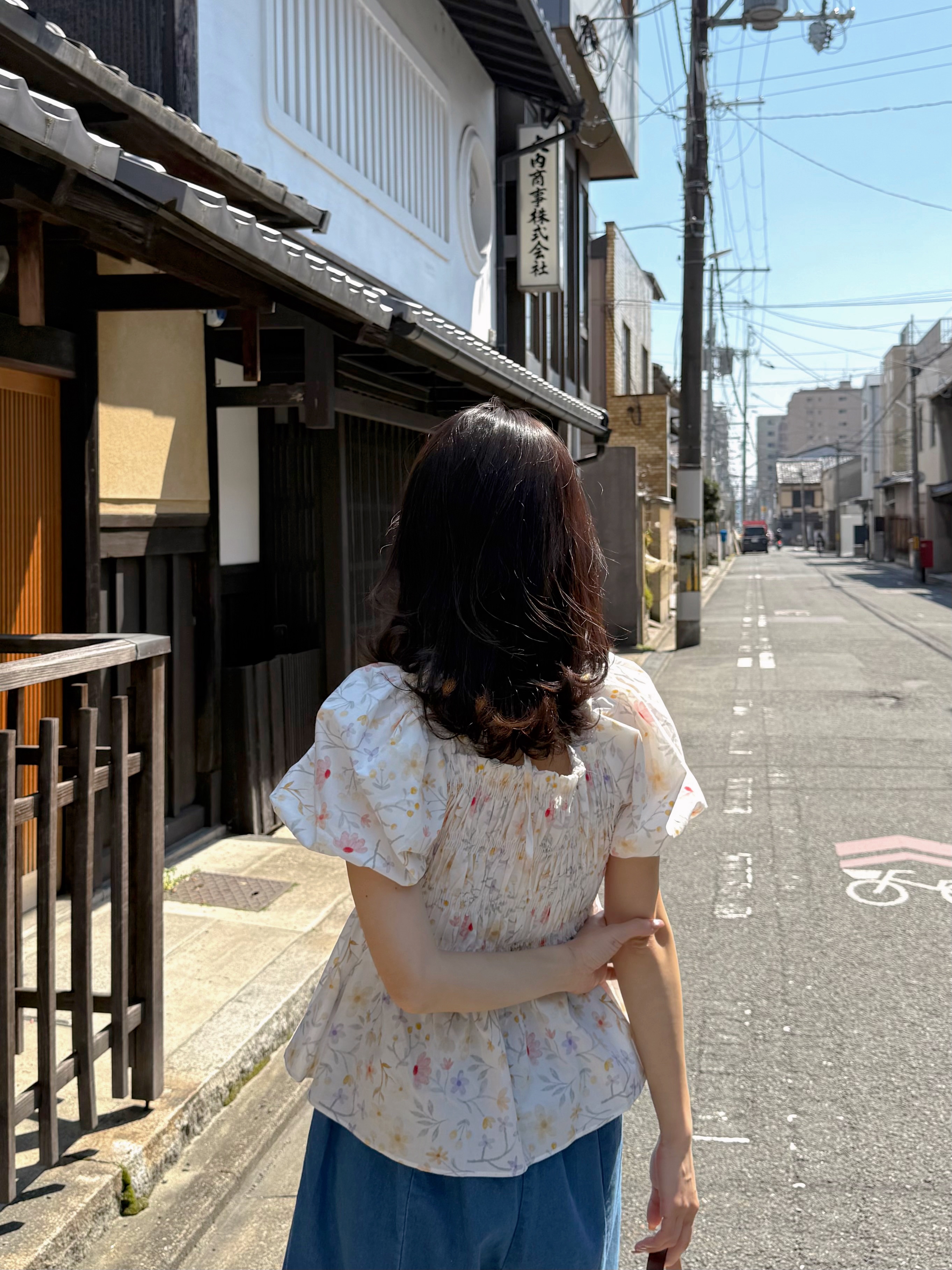 暖色系花柄方領摺摺全綿上衣